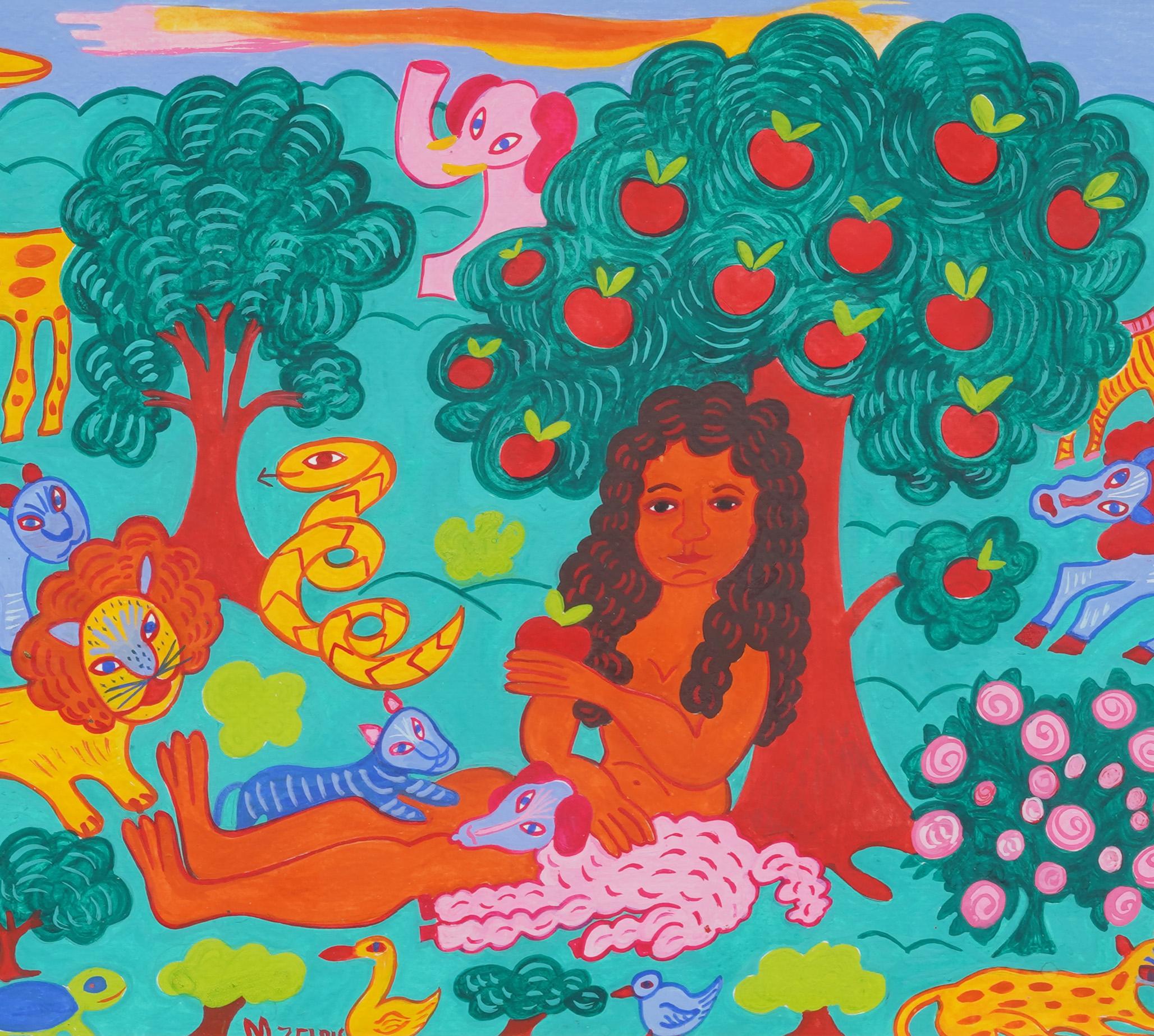 Antico paesaggio di arte popolare modernista israeliana di Malcah Zeldis. Pittura a tecnica mista su carta.  Incorniciato. Firmato. Misura 18 x 22 pollici in totale e 11 x 14 solo per il dipinto. In eccellenti condizioni originali. Splendidamente