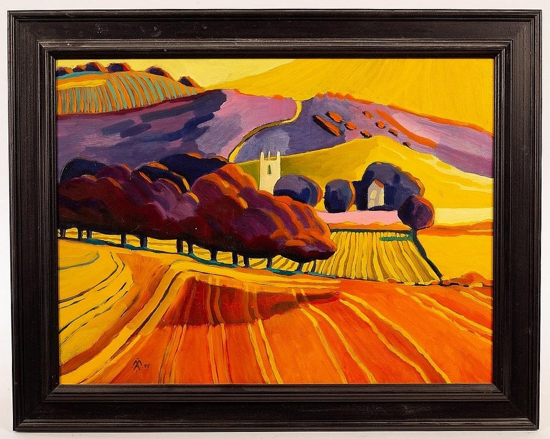 Malcolm Ashman Landscape Painting - Sydling St Nicholas - Modern Contemporary British Dorset Landscape Oil Painting