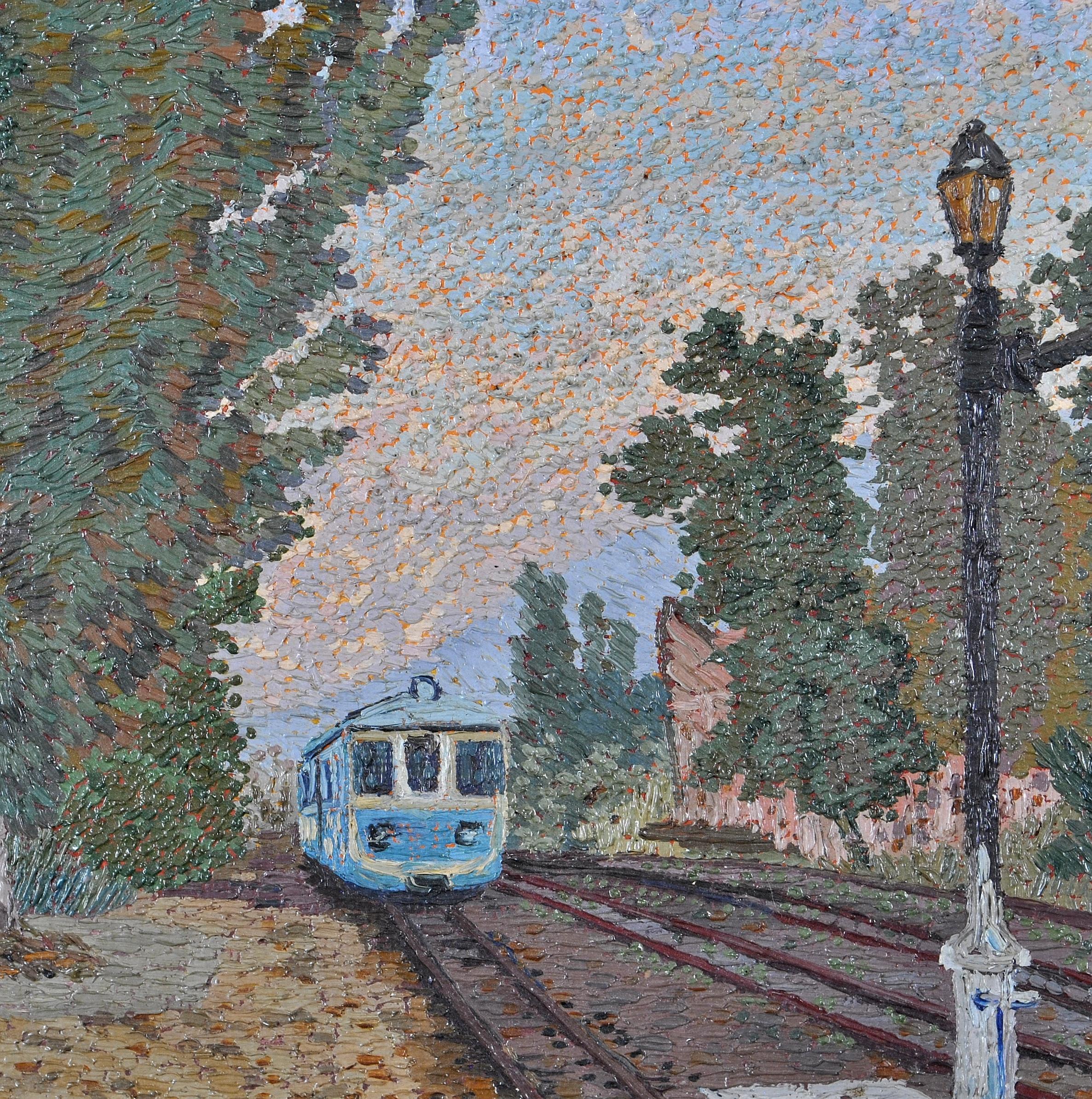 A beautiful pointillist oil on canvas depicting figures waiting for a train at Zevgolatio, Greece. 

Exhibited at the Royal Academy Summer Exhibition 1987. Original exhibition label on the reverse. 

Artist: Malcolm John Hitchcock (1929–1998)
Title: