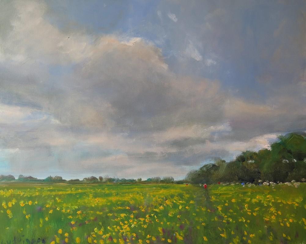 Buttercup Meadow Yorkshire art, landscape art, field art, pastoral art - Painting by Malcolm Ludvigsen
