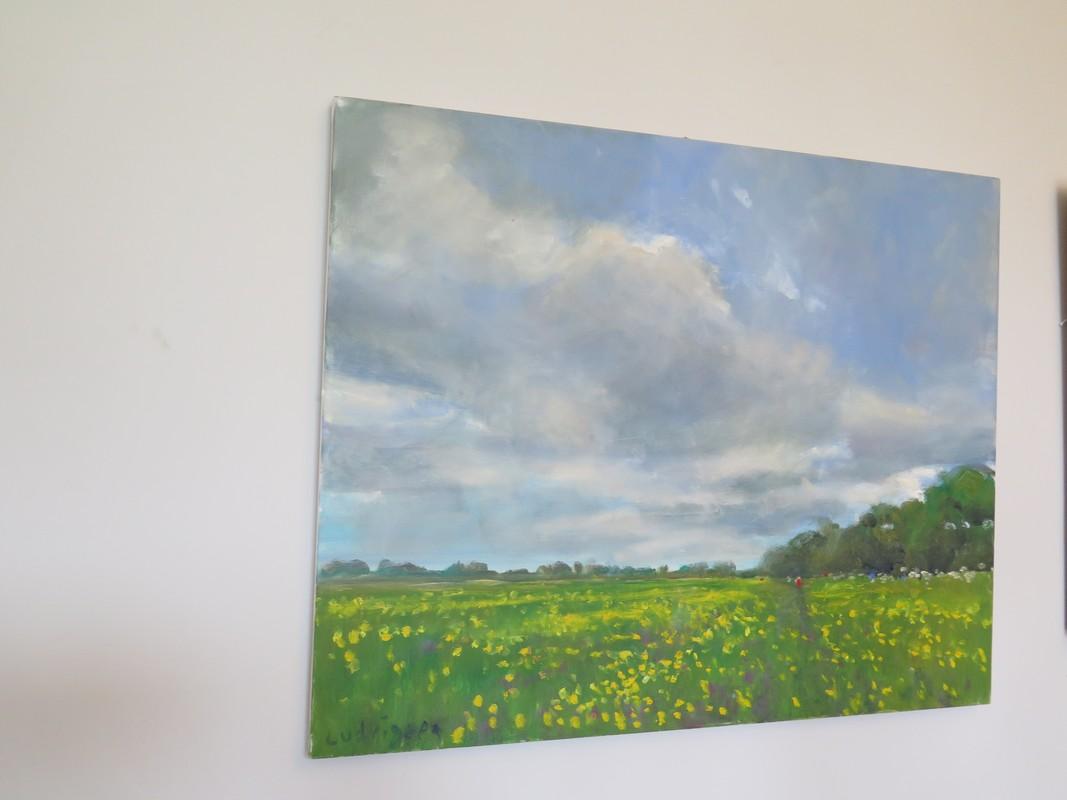 Buttercup Meadow, is an original painting by Malcom Ludvigsen. It’s a proper plein-air oil painting, painted on the spot on Clifton Ings near York. It is unframed but painted round the edge and D-rings and chord are attached, so it is ready to hang.