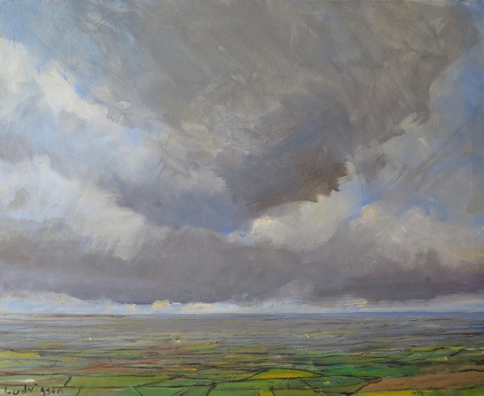From Garrowby Hill, is an original painting by Malcom Ludvigsen. It’s a proper plein-air oil painting, painted from Garrowby Hill in the Yorkshire Wolds looking over the Vale of York. It is unframed but painted round the edge and D-rings and chord