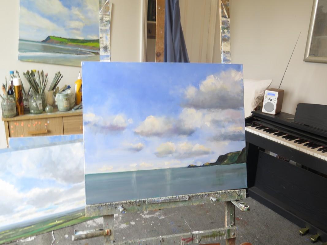 Whitby Clouds, sky art, cloud art, original art, affordable art, plein air art - Realist Painting by Malcolm Ludvigsen