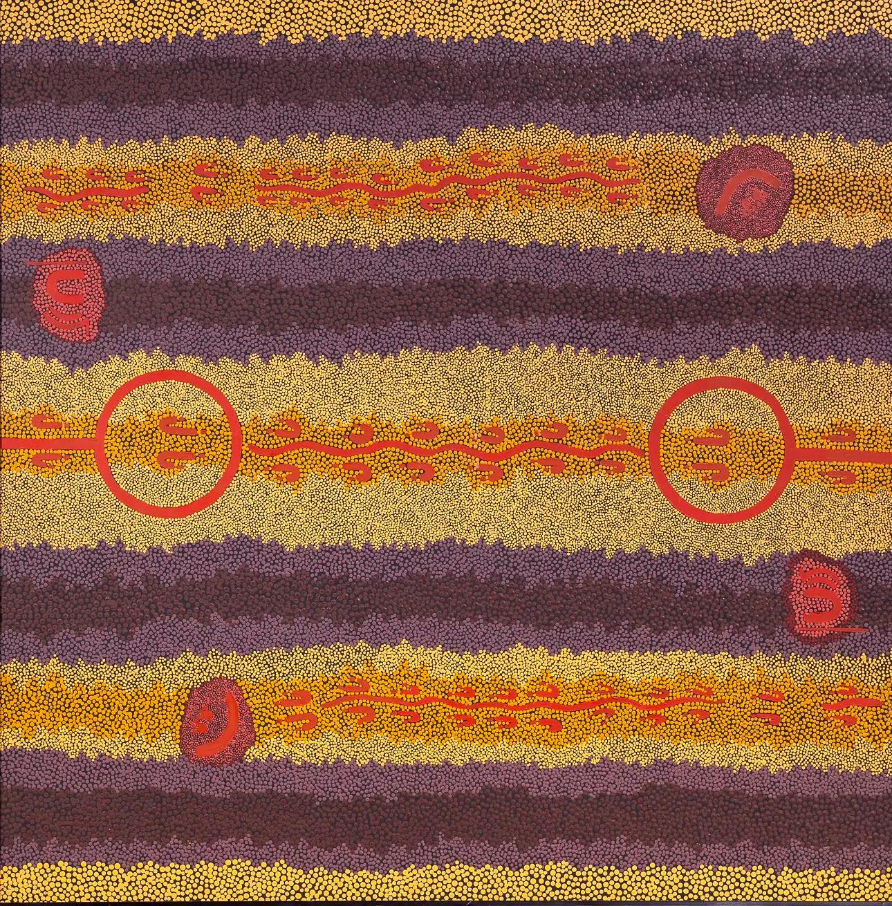 Canguro Soñando GRANDE Pintura aborigen australiana colorida rojo amarillo negro