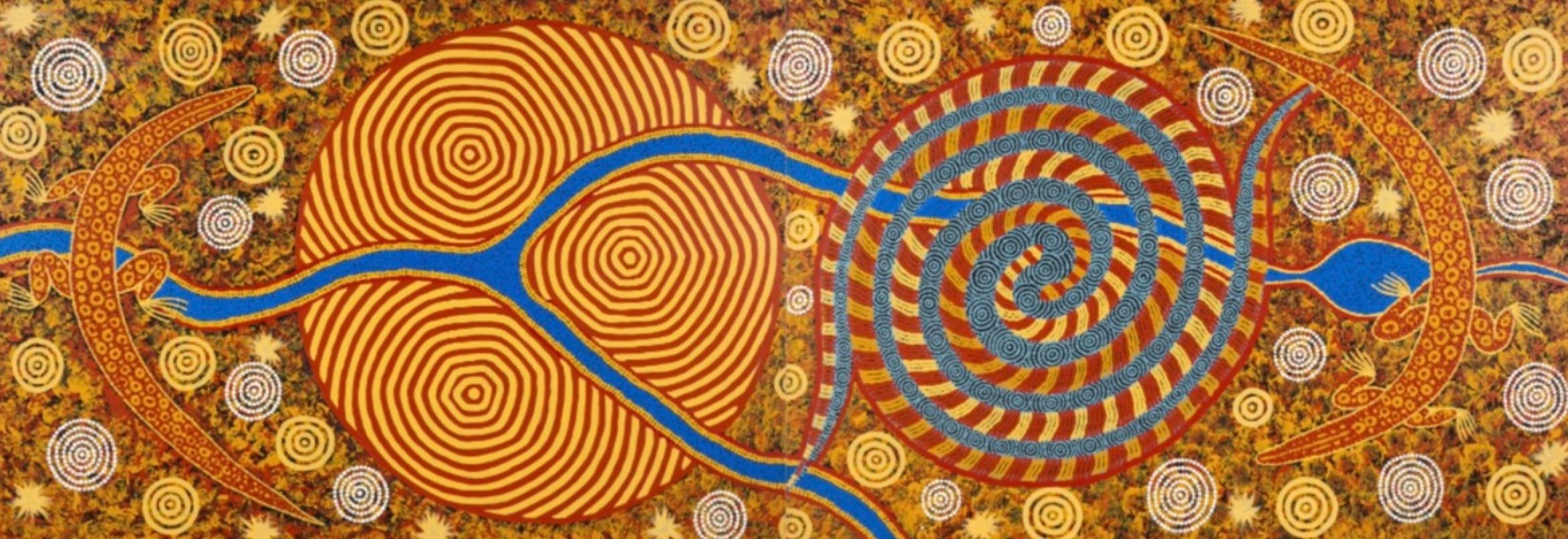 This very large and colorful Aboriginal painting is a diptych (2 canvases) and can be displayed horizontally or vertically.

This painting depicts the creation of the Lander River system. It includes elements and stories from the artist's family