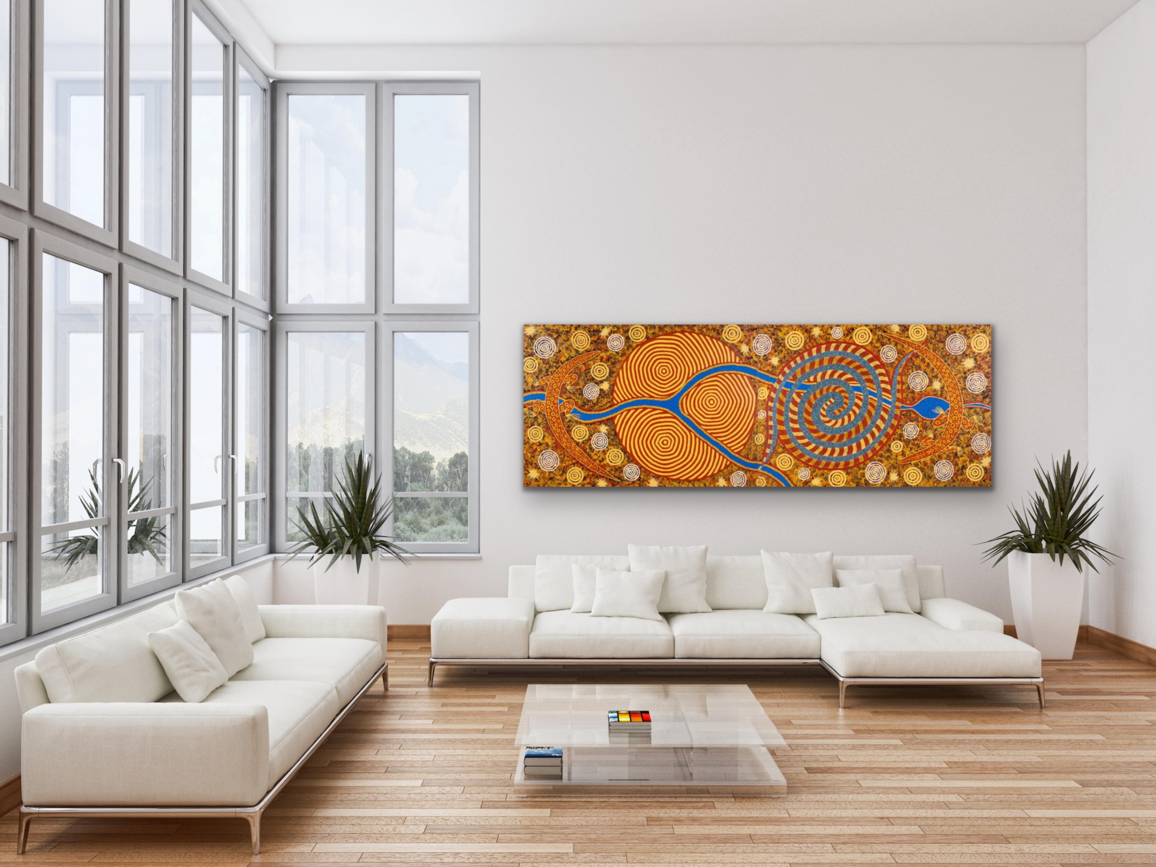 Dieses sehr große und farbenfrohe Aborigine-Gemälde ist ein Diptychon (2 Leinwände) und kann sowohl horizontal als auch vertikal ausgestellt werden.

Dieses Gemälde stellt die Entstehung des Lander-Fluss-Systems dar. Es enthält Elemente und