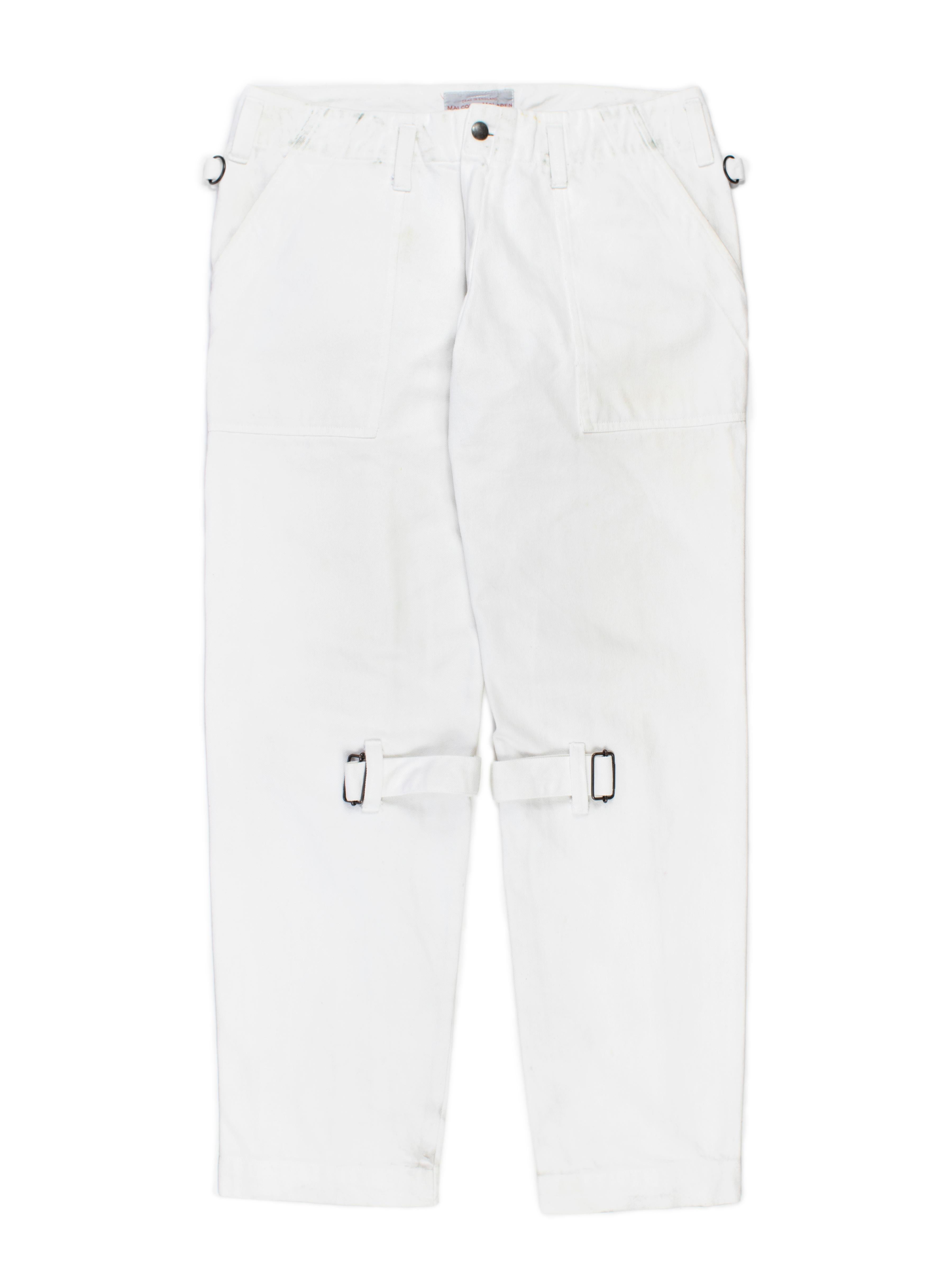 These trousers come from a limited line released under the iconoclastic McLaren’s own name in the ‘90s. They have the label’s thumbprint tag on the back pocket, and feature the same detailing as the pants he put out under Seditionaries with Vivienne