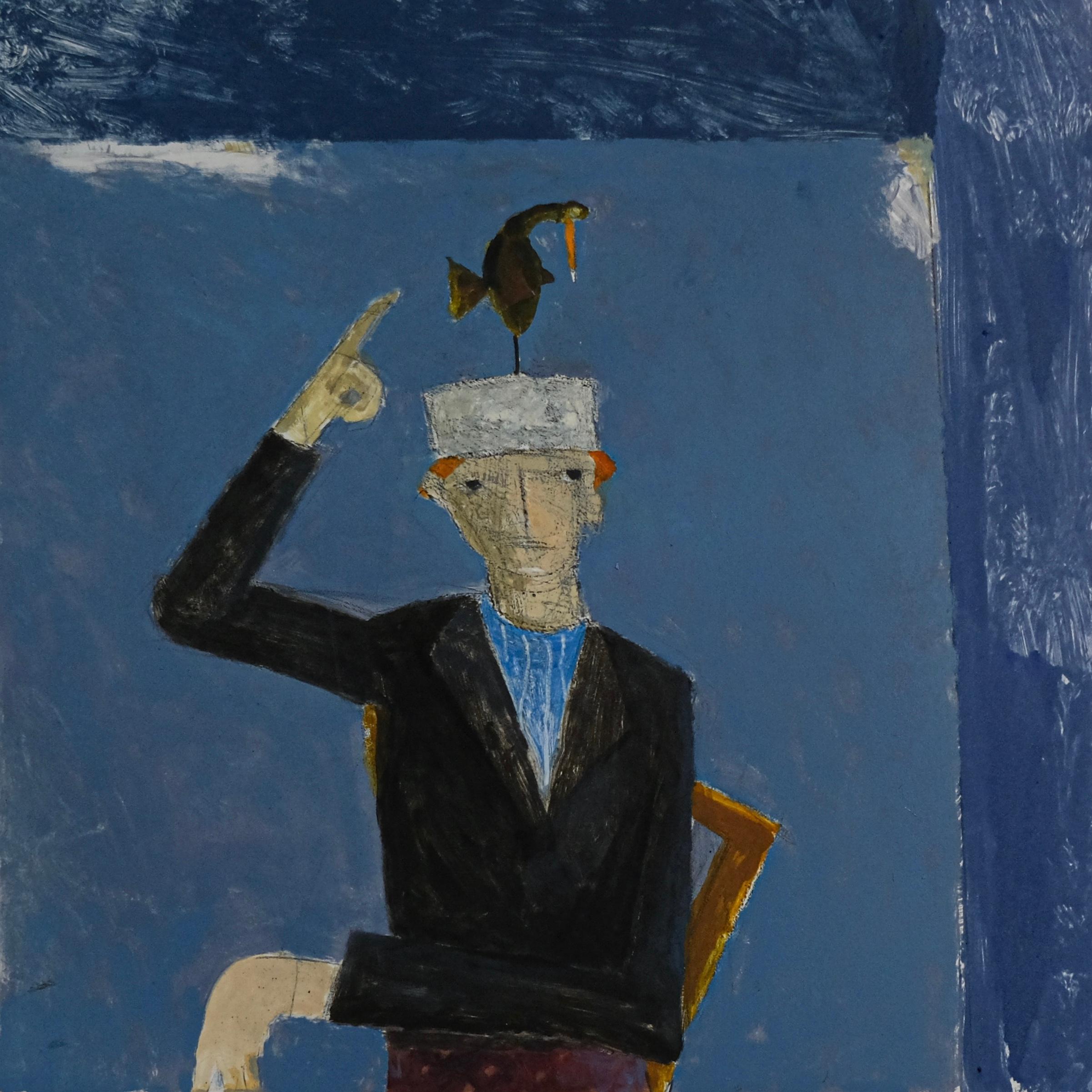 Malcolm Moran Portrait Painting - A Bird Landed on Francis' Head, mixed media portrait of man and bird, blue