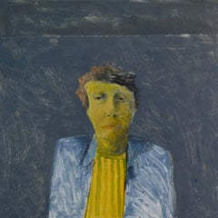Alexander Plots the World, mixed media art portrait of young man, yellow and blue