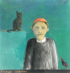 Francis' Dilemma, portrait of boy with cat and bird, green and orange