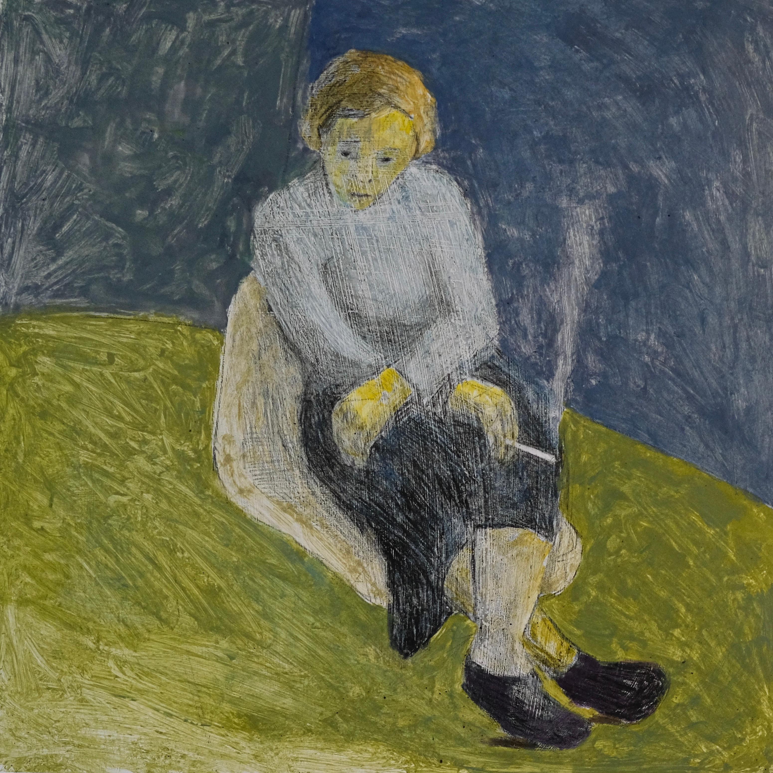 Malcolm Moran Portrait Painting - Mary Takes a Break, portrait of woman sitting in chair, blue and green