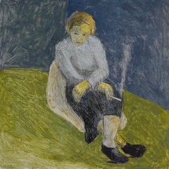 Mary Takes a Break, portrait of woman sitting in chair, blue and green