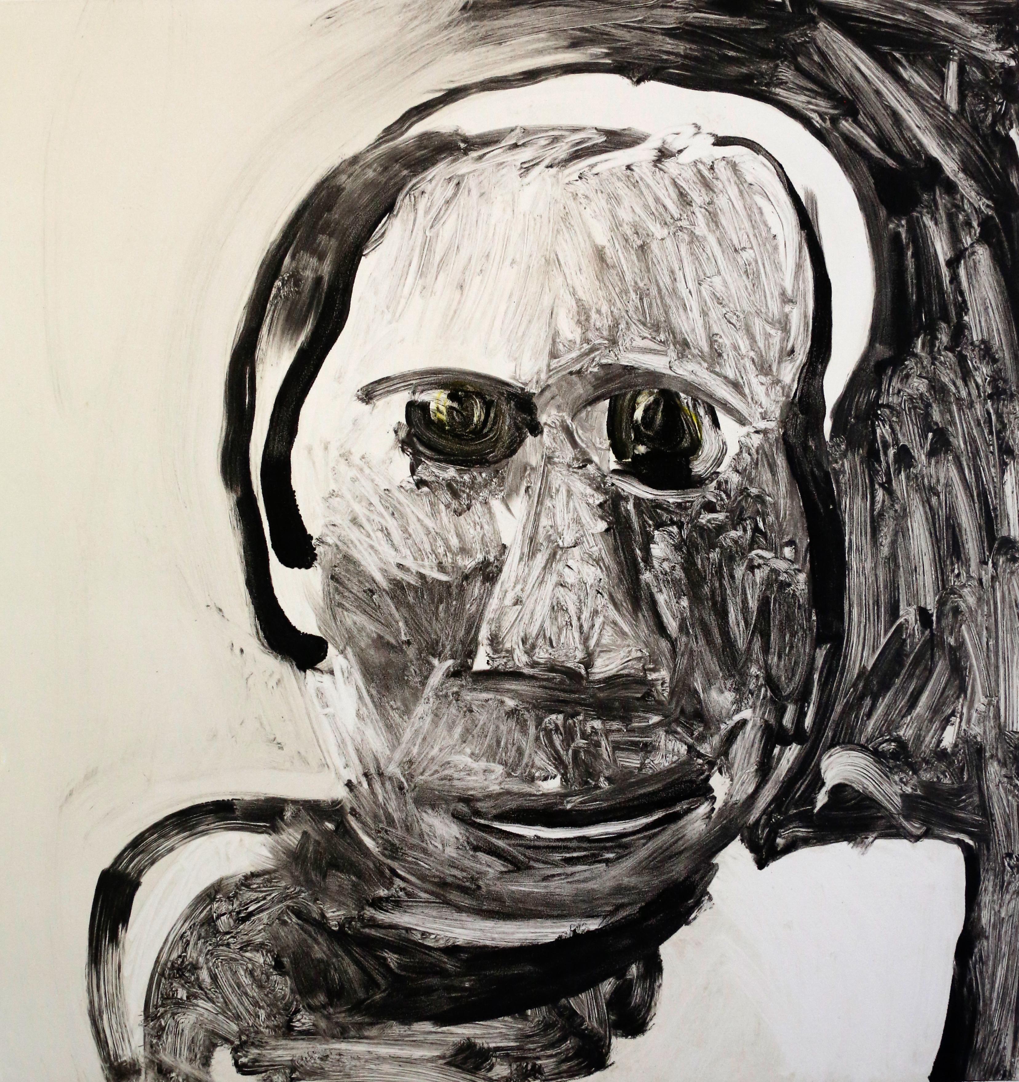 Malcolm Moran Portrait Painting - Saint Selina, black and white portrait of woman, mixed media painting
