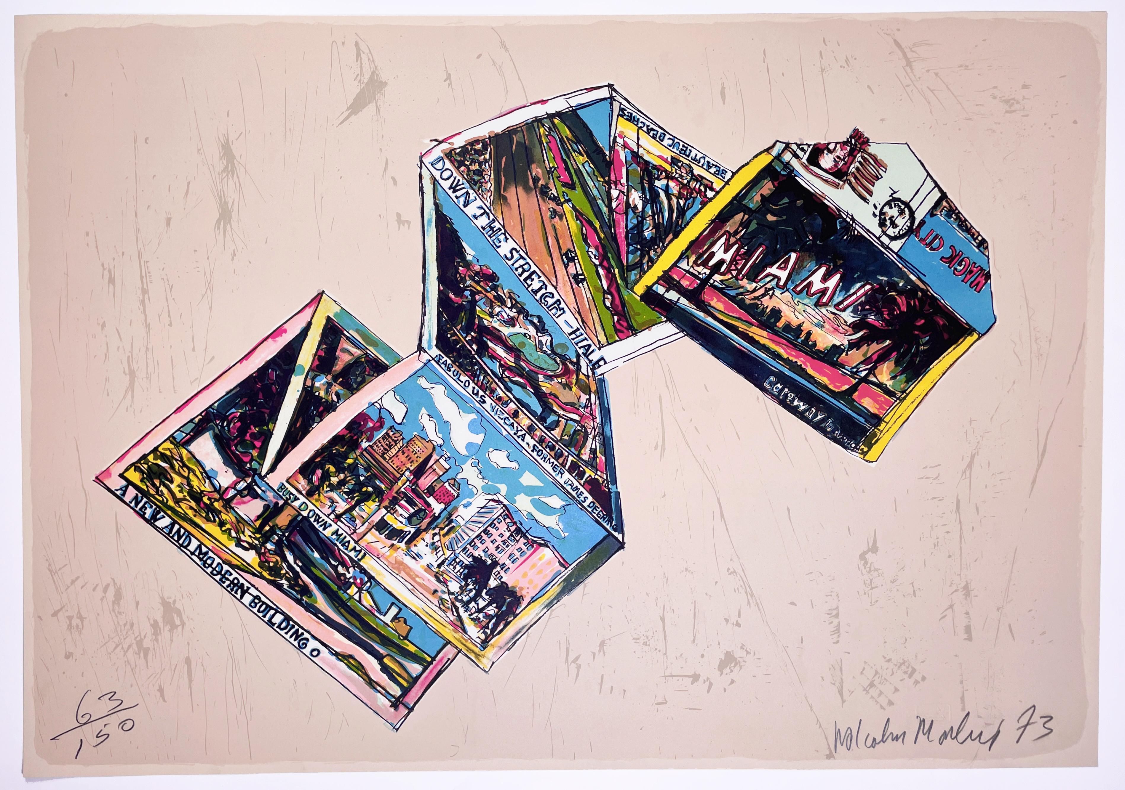 Ces œuvres colorées, exubérantes et expressionnistes représentent une série de cartes postales touristiques et de plage de Miami dessinées à la main dans divers états de permutation et d'effondrement, se recroquevillant parfois sur elles-mêmes et se