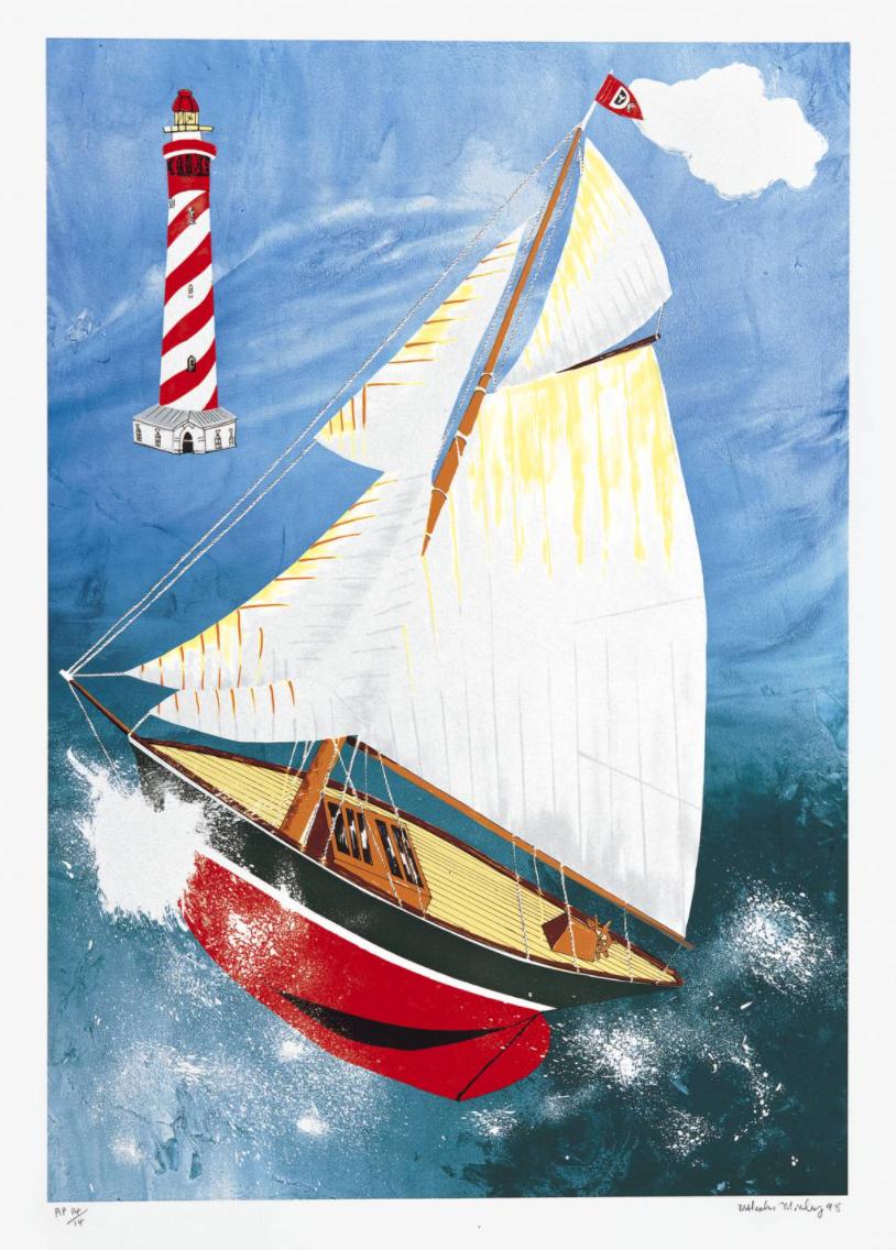 Pamela Running Before the Wind with a Dutch Lighthouse - Print by Malcolm Morley