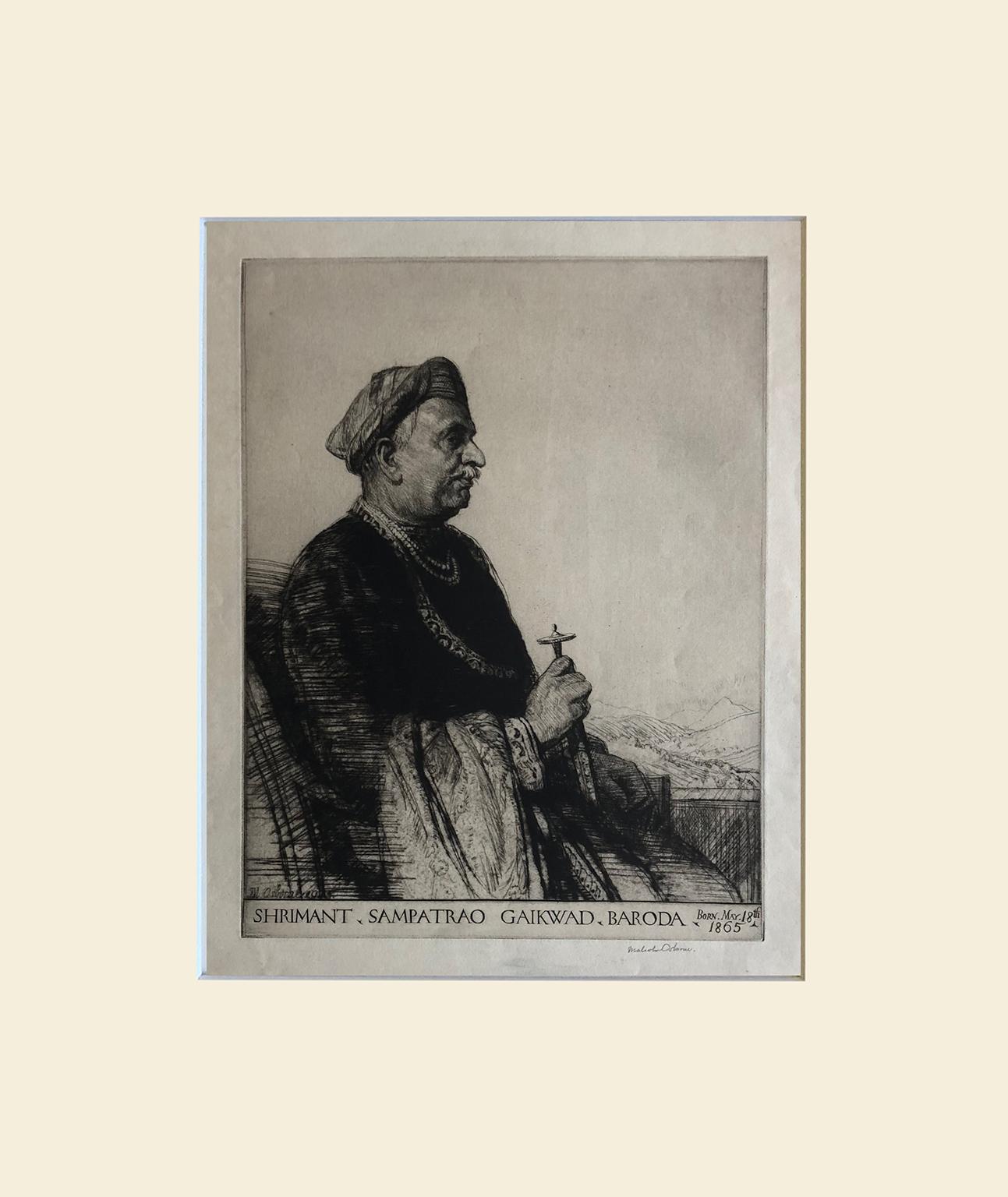 Malcolm Osbourne PRA (British, 1880-1963), Shrimant Sampatrao, Gaekwad of Baroda 
etching on paper, signed and dated 1923 lower left, inscribed in lower border Shrimant Sampatrao Gaikwad Baroda, Born May 18th 1865. Also signed lower right in