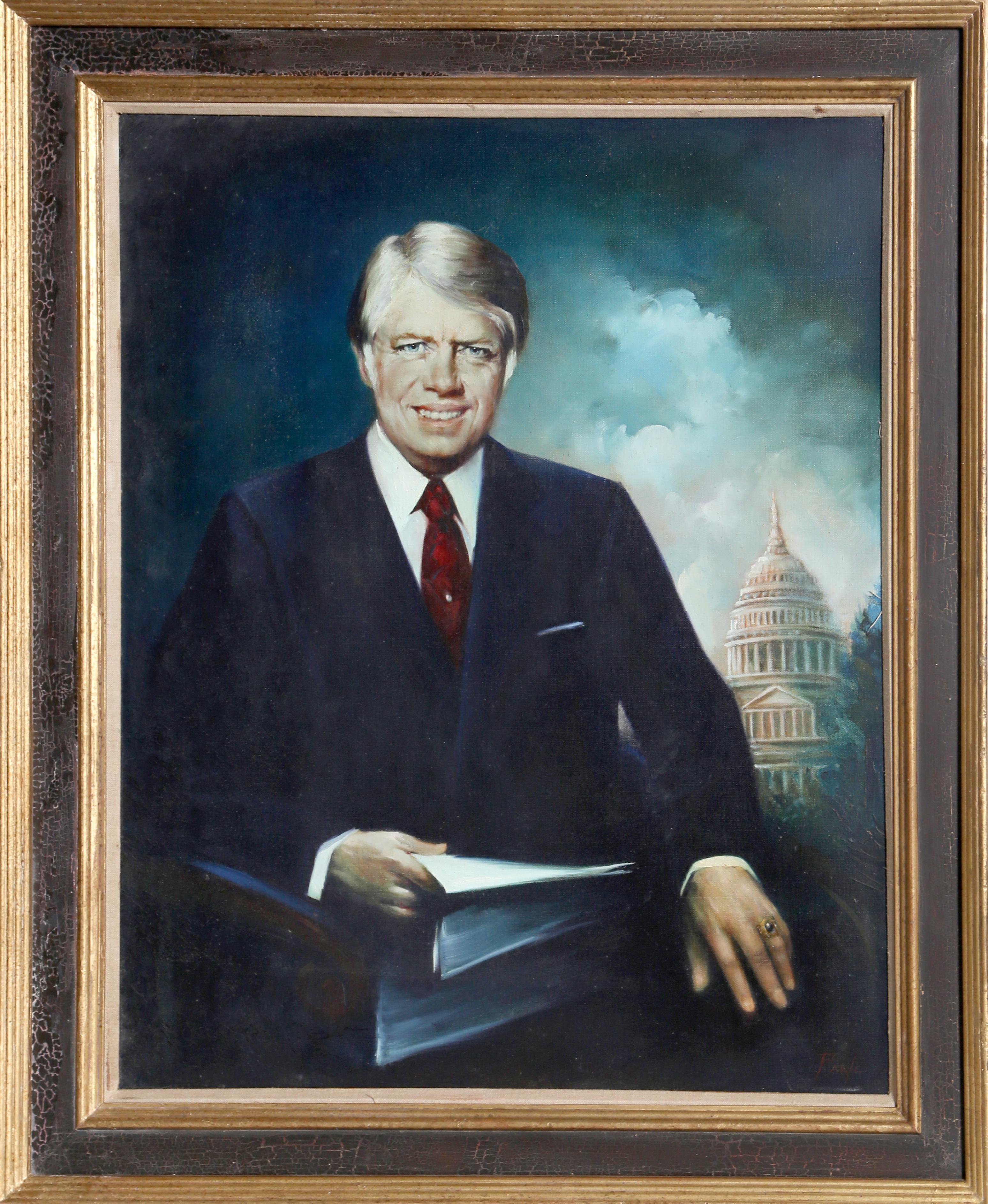 Un retrato de Jimmy Carter, pintado al óleo en algún momento antes de que tomara posesión como 39º Presidente de los Estados Unidos. Está sentado en una silla con un puñado de documentos en la mano y el edificio del capitolio se ve a lo lejos,