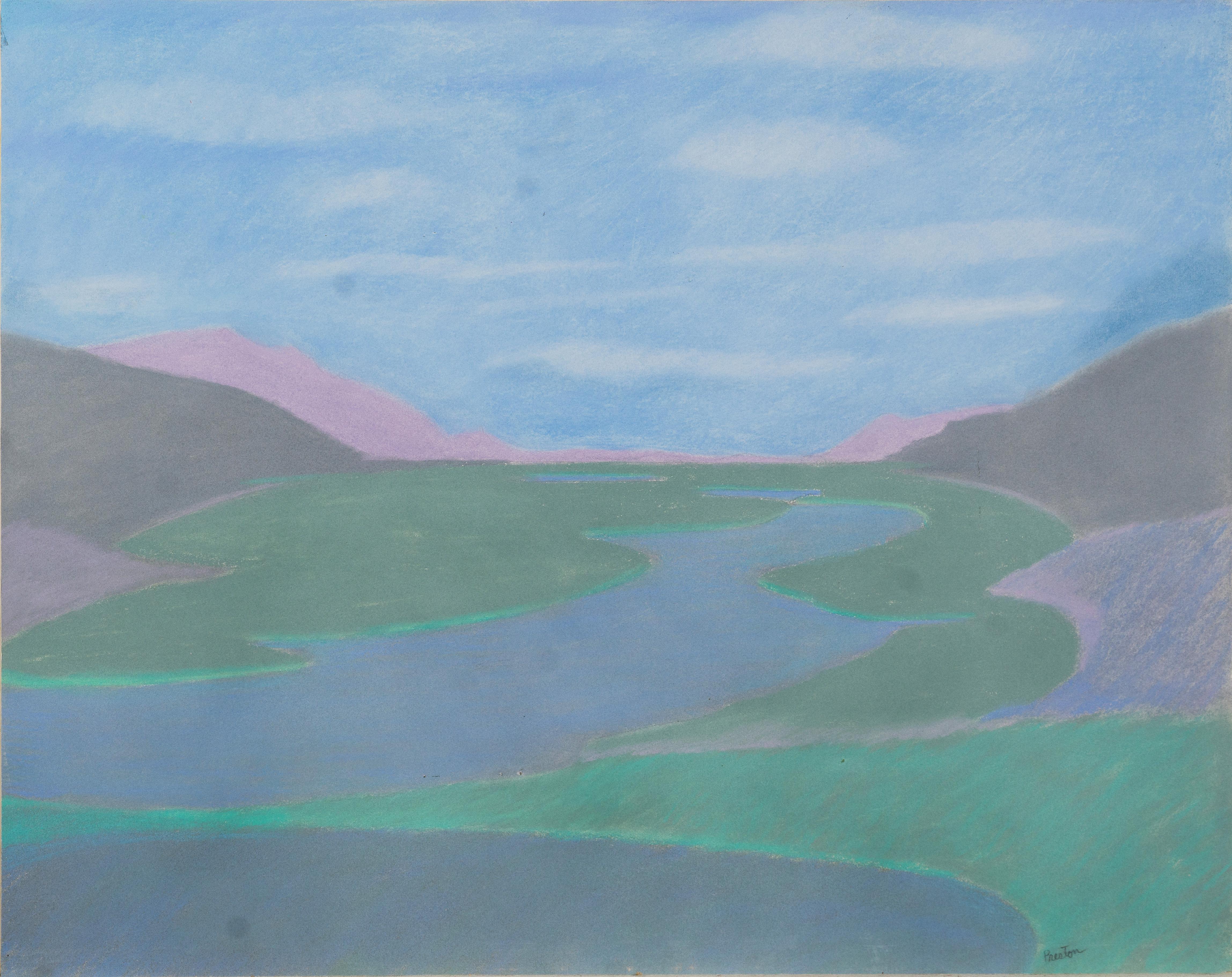 Landscape Painting Malcolm Preston - Vieux paysage abstrait de Cap Cod, peinture moderniste originale au pastel