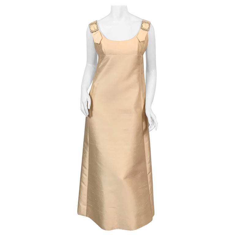 Malcolm Starr 1960's Ivory Silk Empire Waist Evening Gown with Diamante Trim For Sale