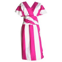 Vintage Malcolm Starr 1970s Pink & White Striped Cotton Dress Size 6.