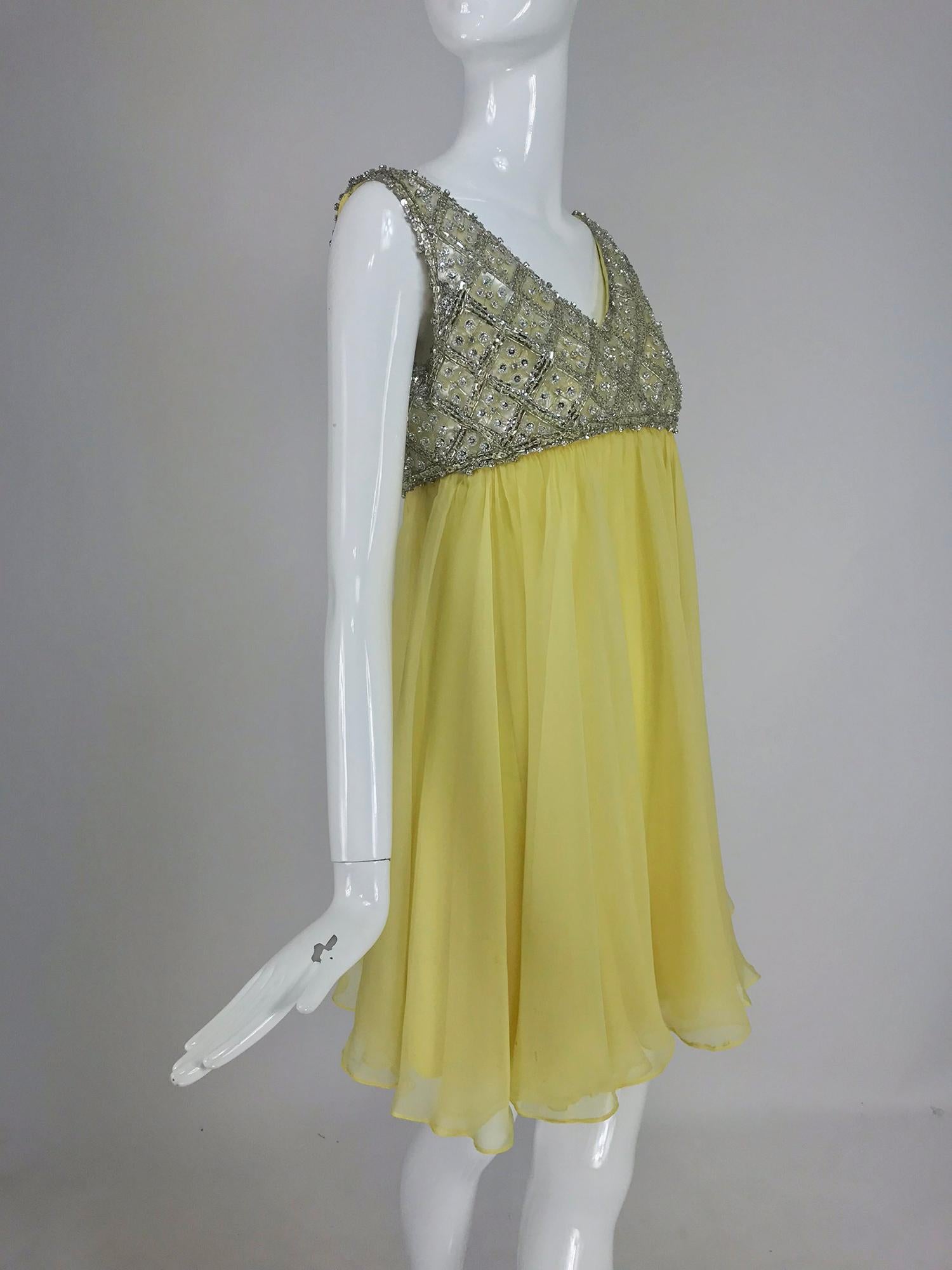 Malcolm Starr Baby Doll dress rhinestones and Lemon Chiffon Silk 1960s 5
