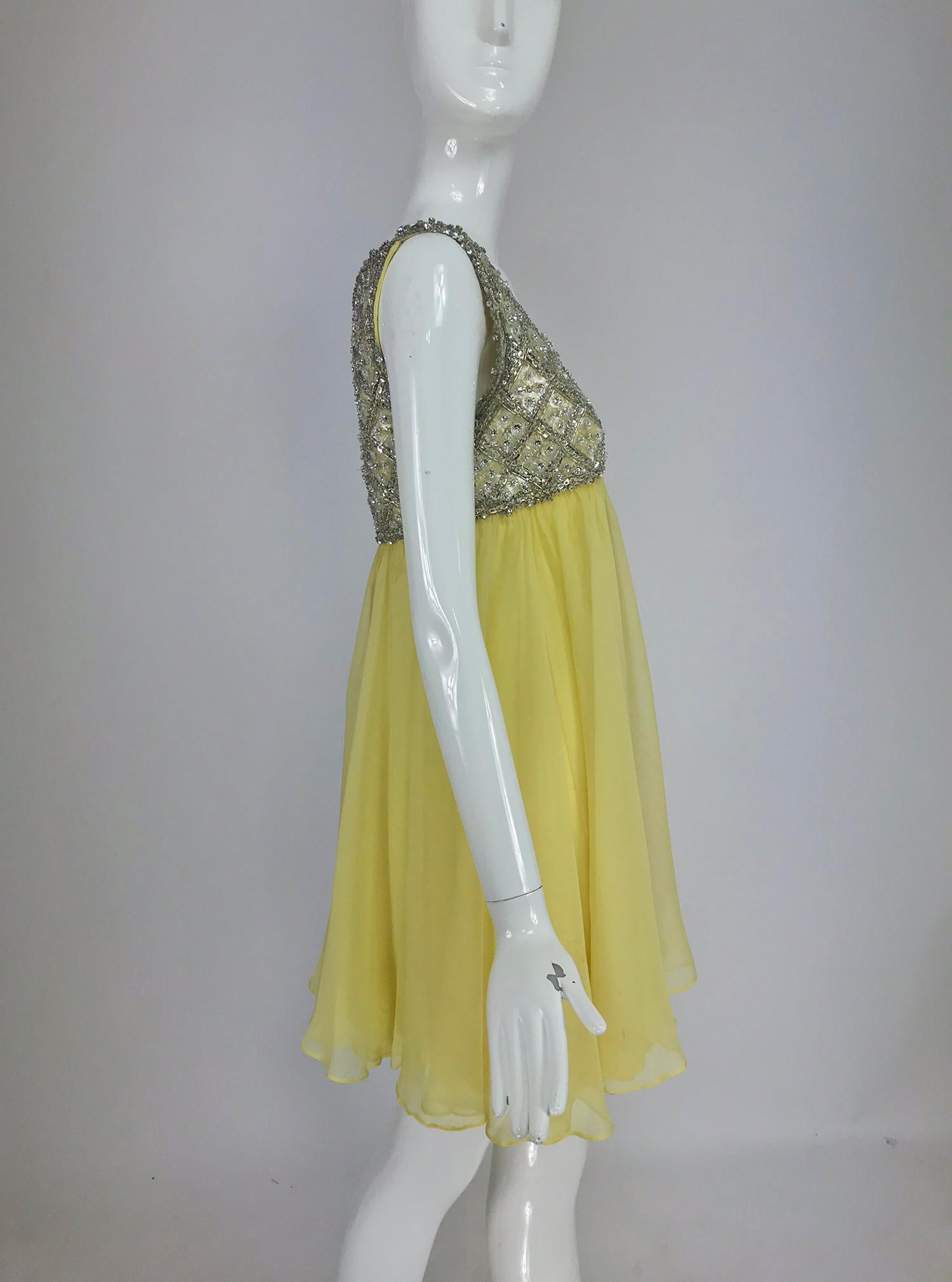 Malcolm Starr Baby Doll dress rhinestones and Lemon Chiffon Silk 1960s 6
