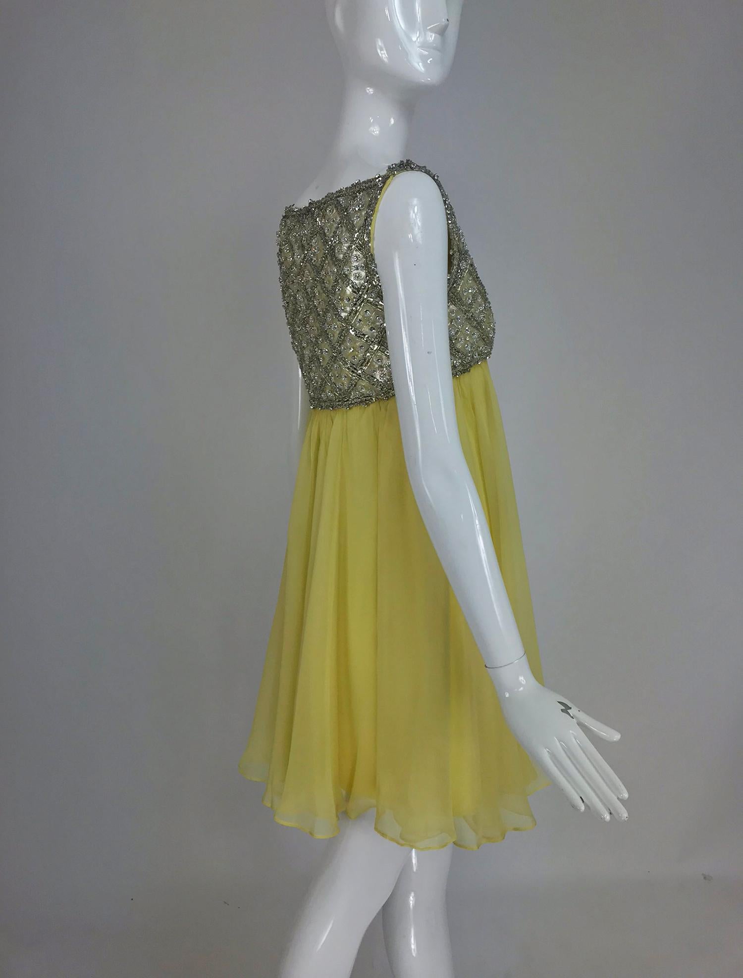 Malcolm Starr Baby Doll dress rhinestones and Lemon Chiffon Silk 1960s 7