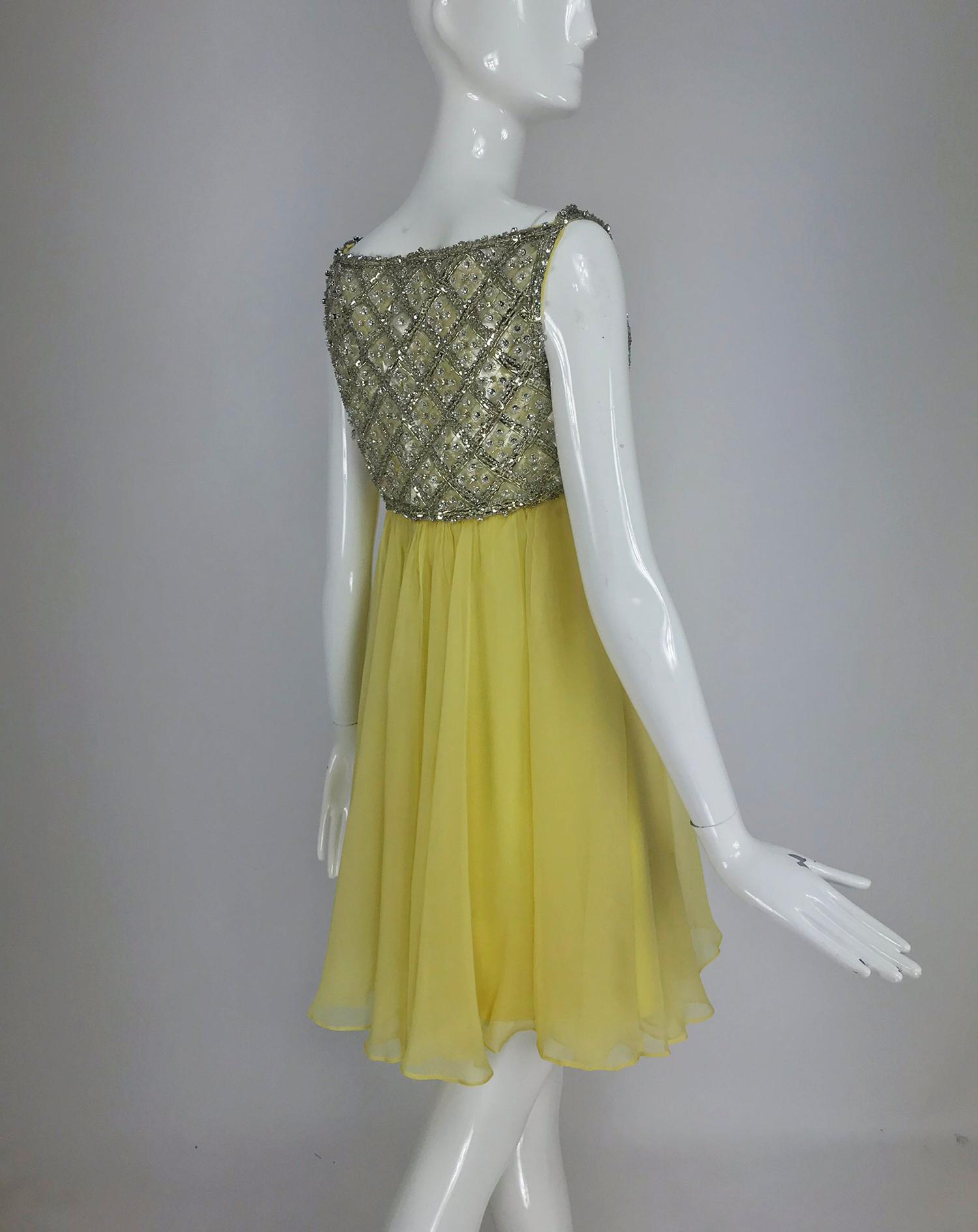 Malcolm Starr Baby Doll dress rhinestones and Lemon Chiffon Silk 1960s 8