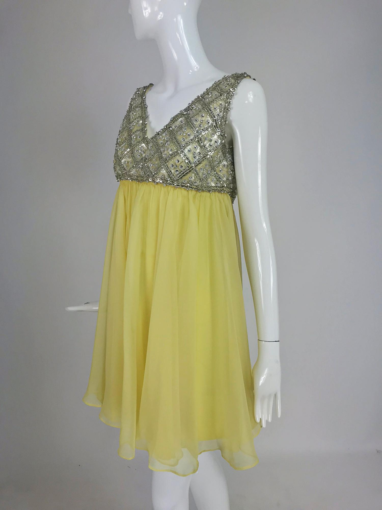 Brown Malcolm Starr Baby Doll dress rhinestones and Lemon Chiffon Silk 1960s