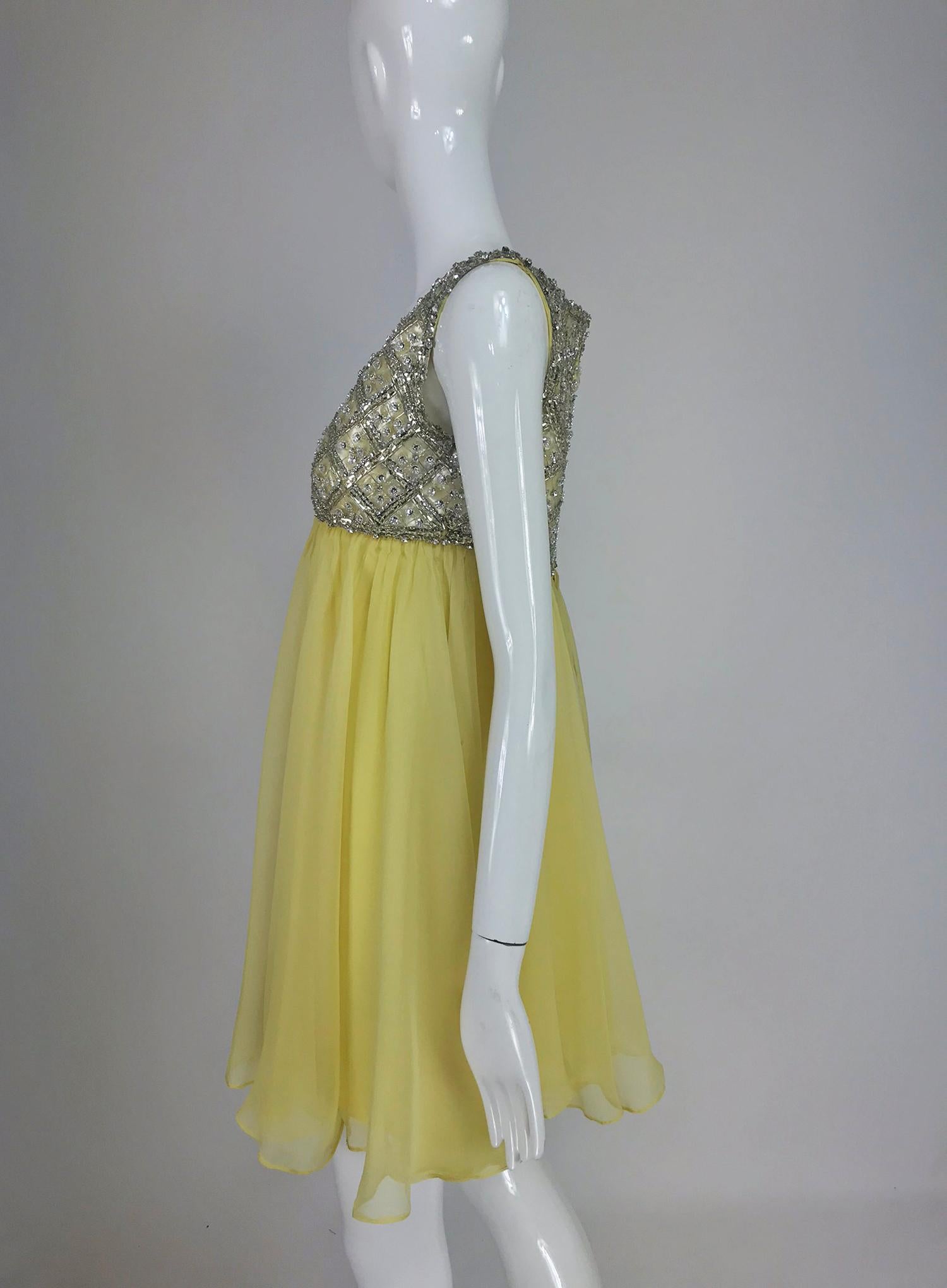 Women's Malcolm Starr Baby Doll dress rhinestones and Lemon Chiffon Silk 1960s