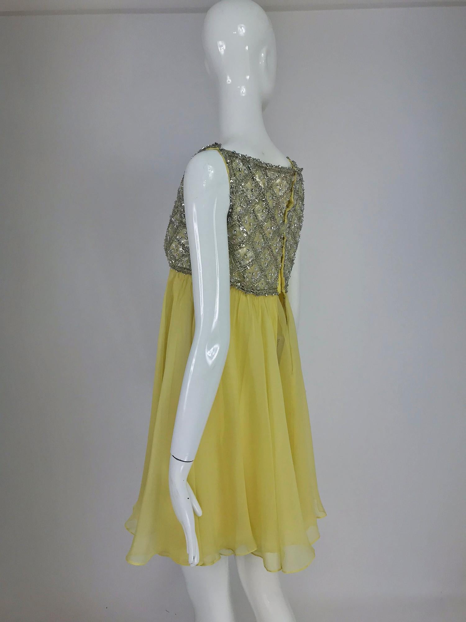 Malcolm Starr Baby Doll dress rhinestones and Lemon Chiffon Silk 1960s 1