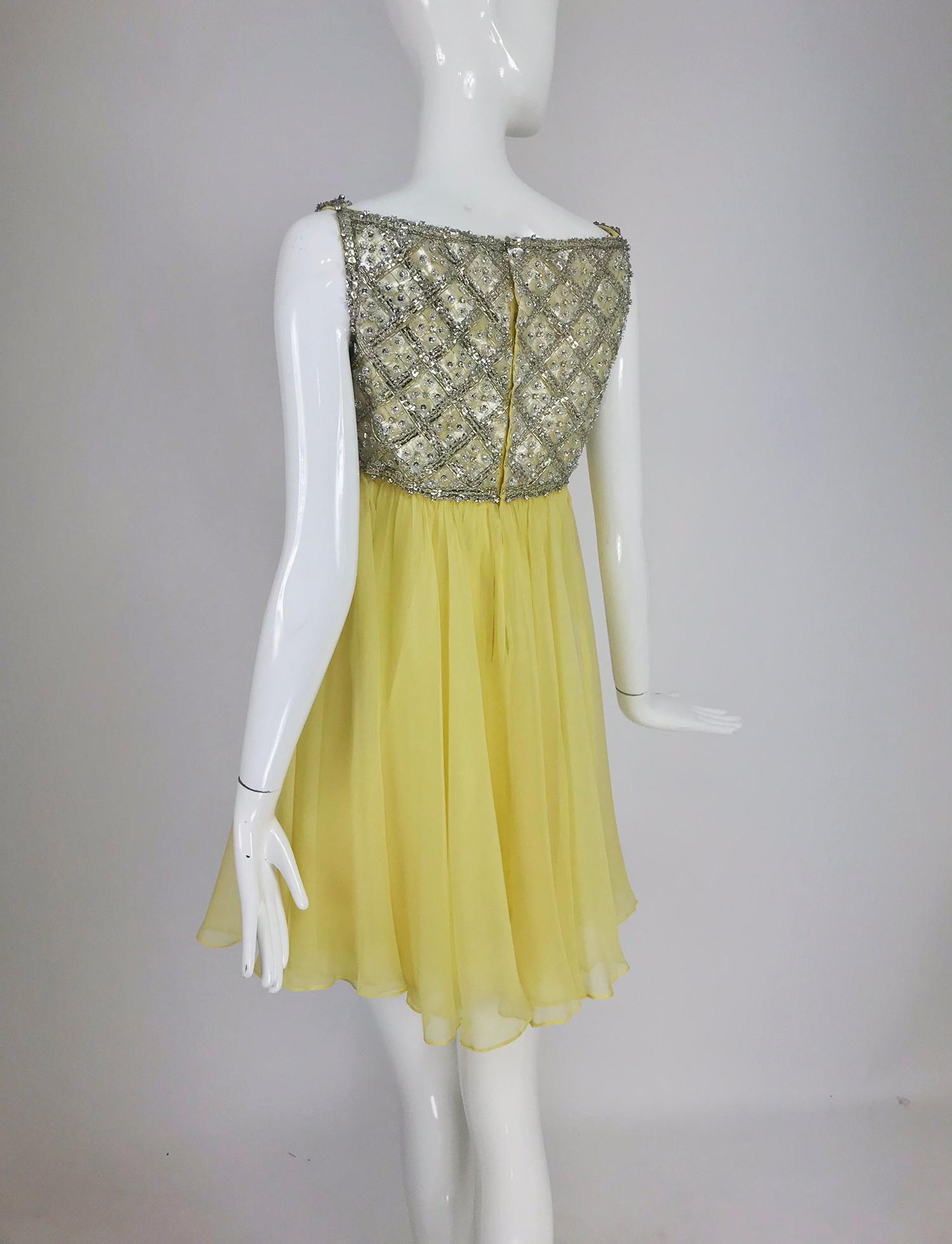 Malcolm Starr Baby Doll dress rhinestones and Lemon Chiffon Silk 1960s 2