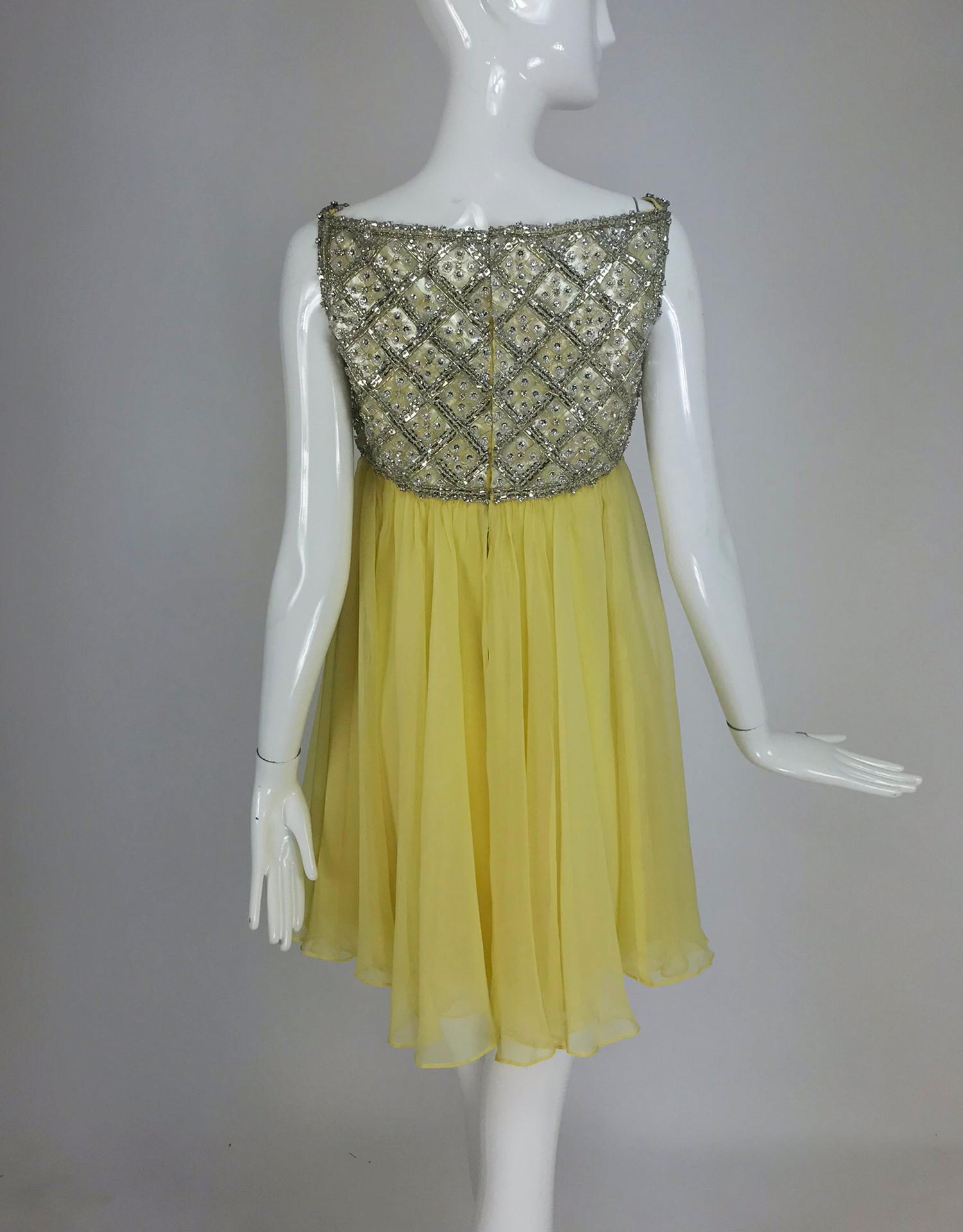 Malcolm Starr Baby Doll dress rhinestones and Lemon Chiffon Silk 1960s 3
