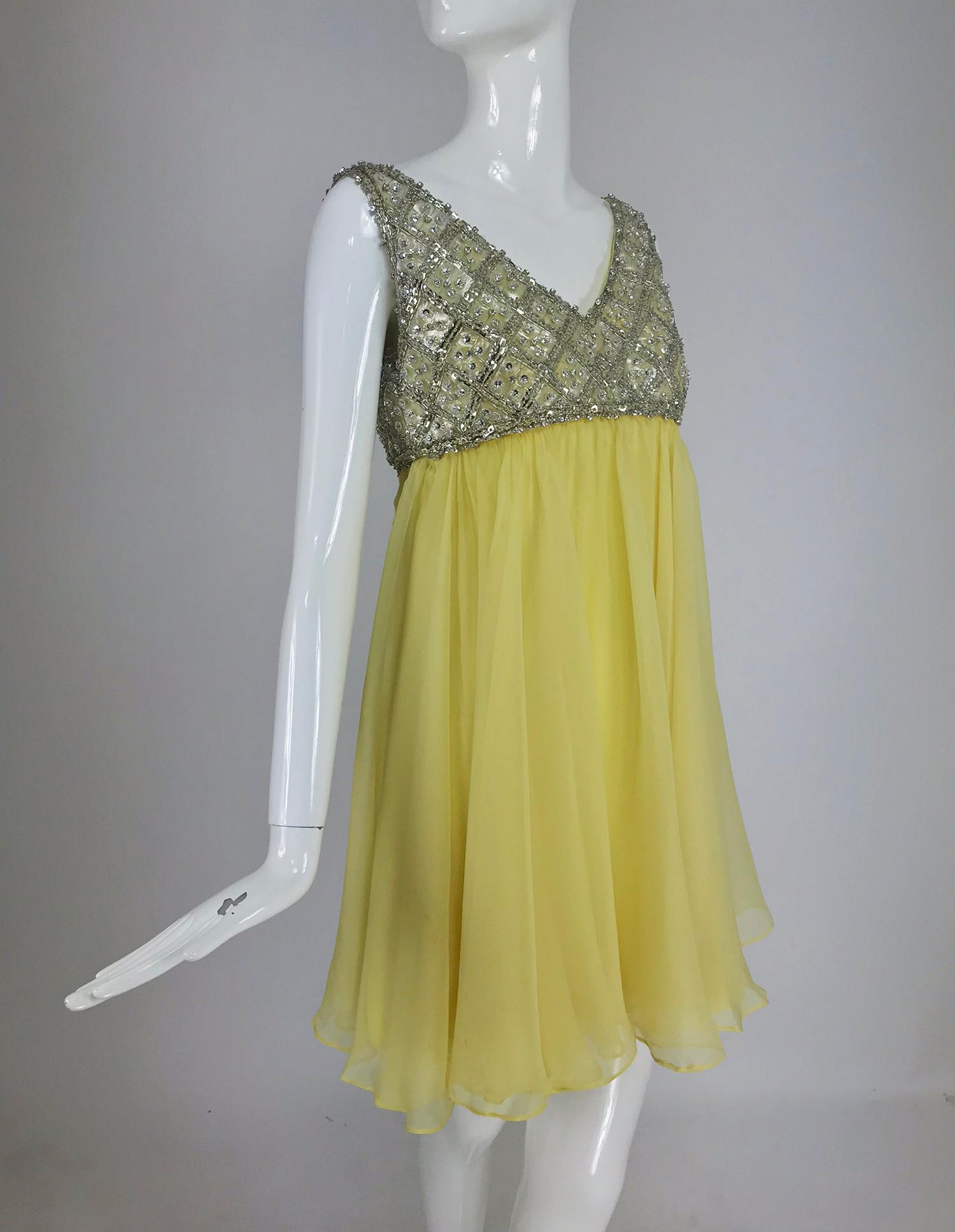 Malcolm Starr Baby Doll dress rhinestones and Lemon Chiffon Silk 1960s 4
