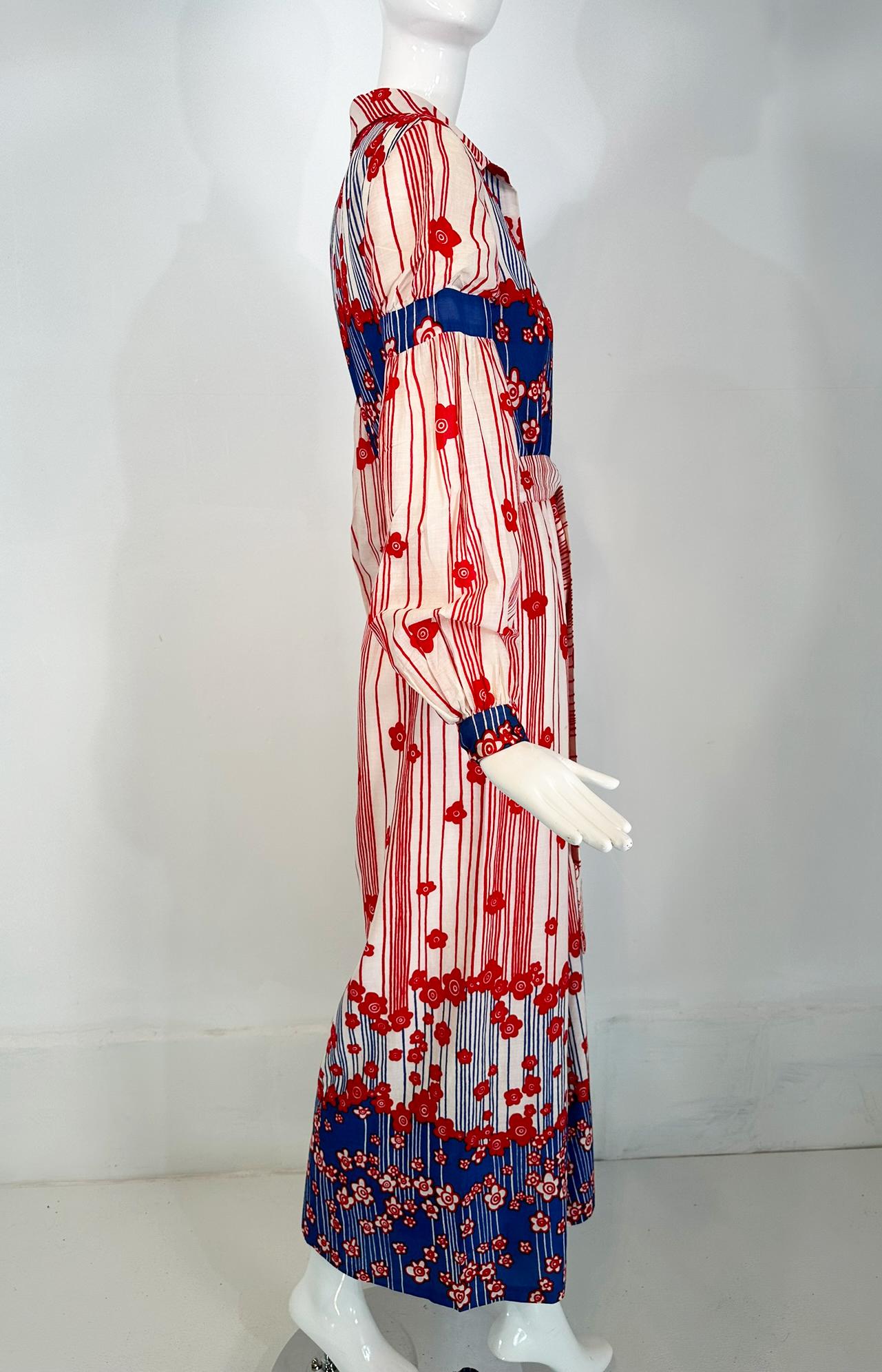 Beige Malcolm Starr by Rizkallah Red White & Blue Floral Cotton Wide Leg Jumpsuit 1960 For Sale