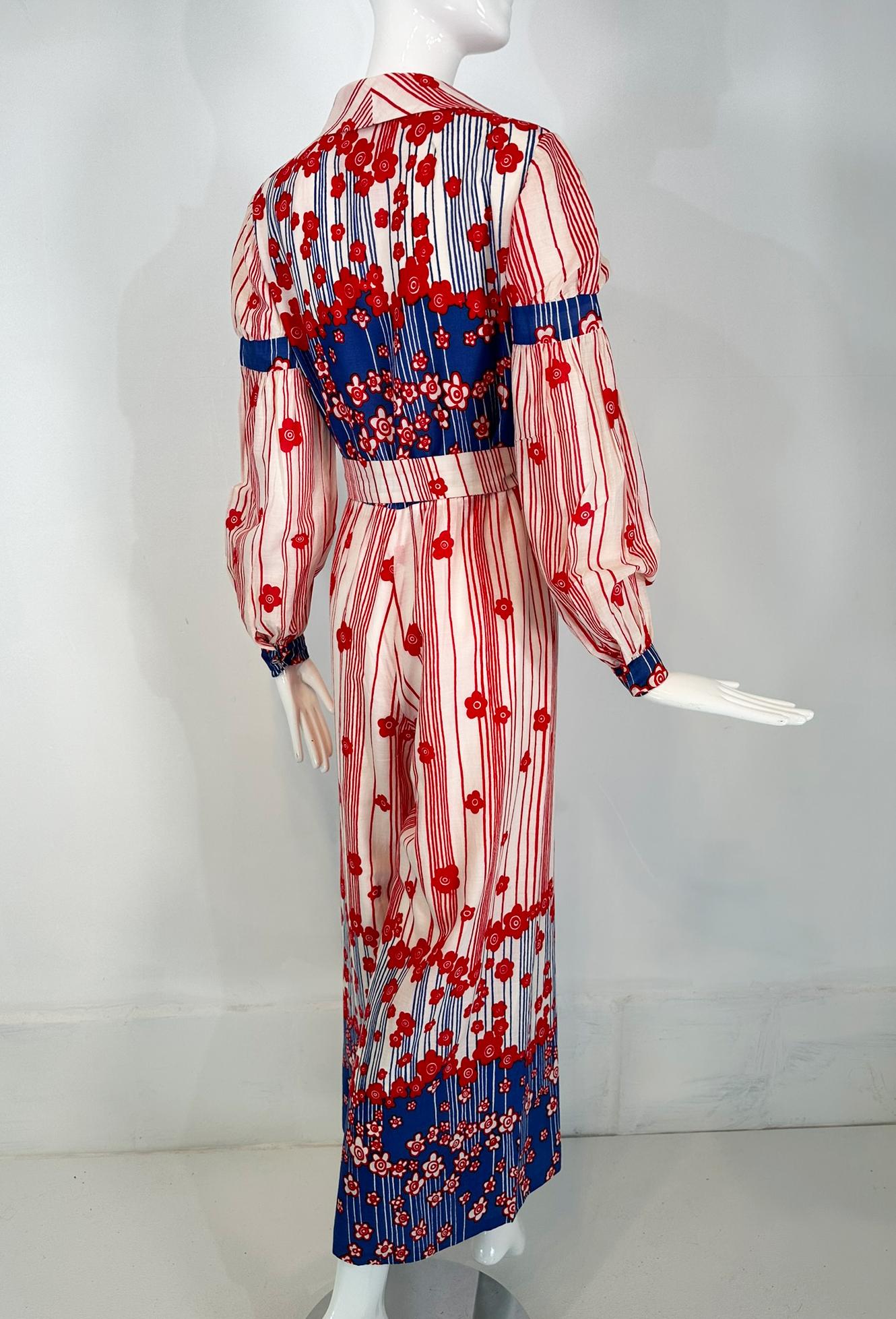 Malcolm Starr by Rizkallah Red White & Blue Floral Cotton Wide Leg Jumpsuit 1960 In Good Condition For Sale In West Palm Beach, FL
