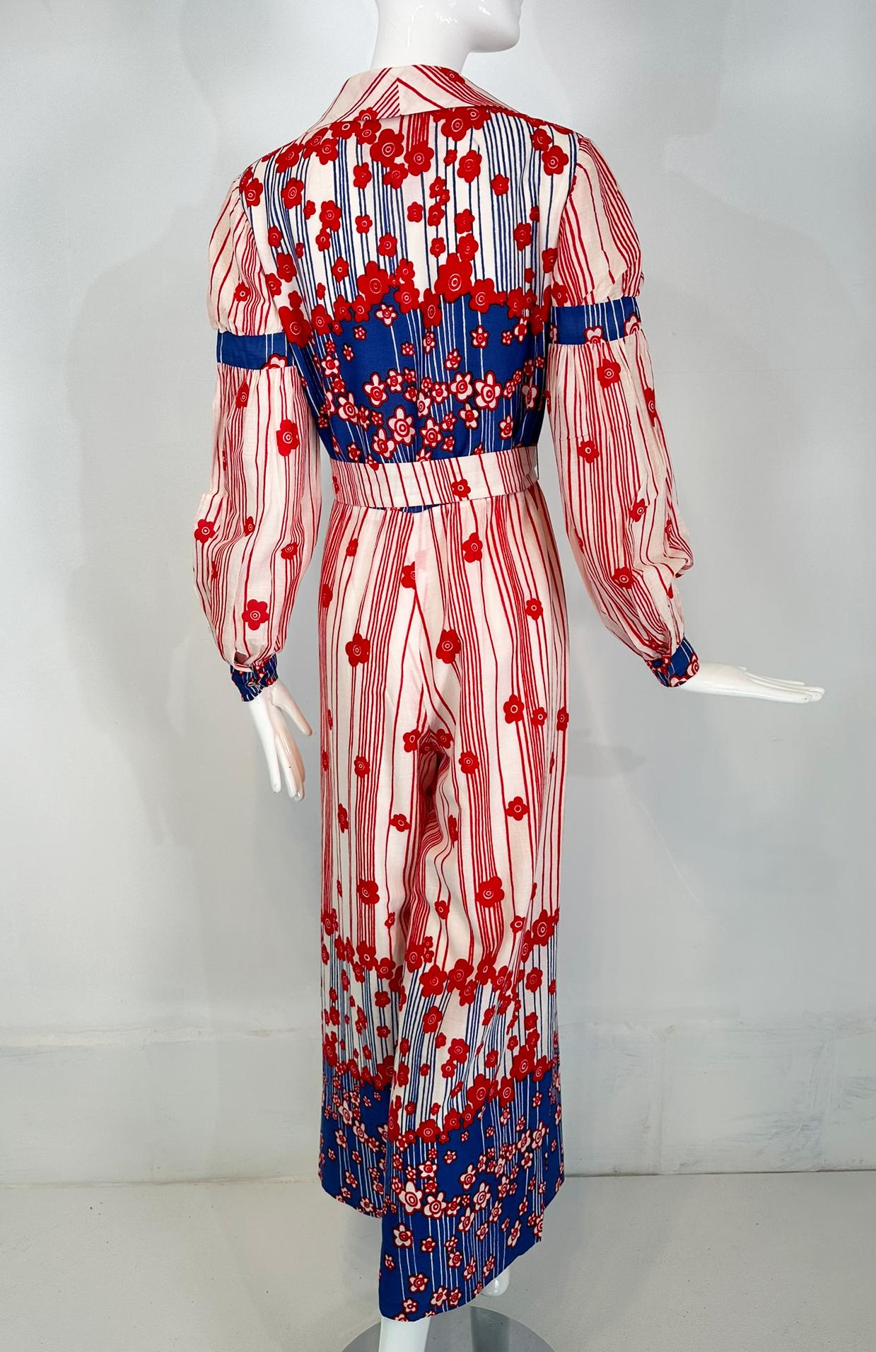 Women's Malcolm Starr by Rizkallah Red White & Blue Floral Cotton Wide Leg Jumpsuit 1960 For Sale