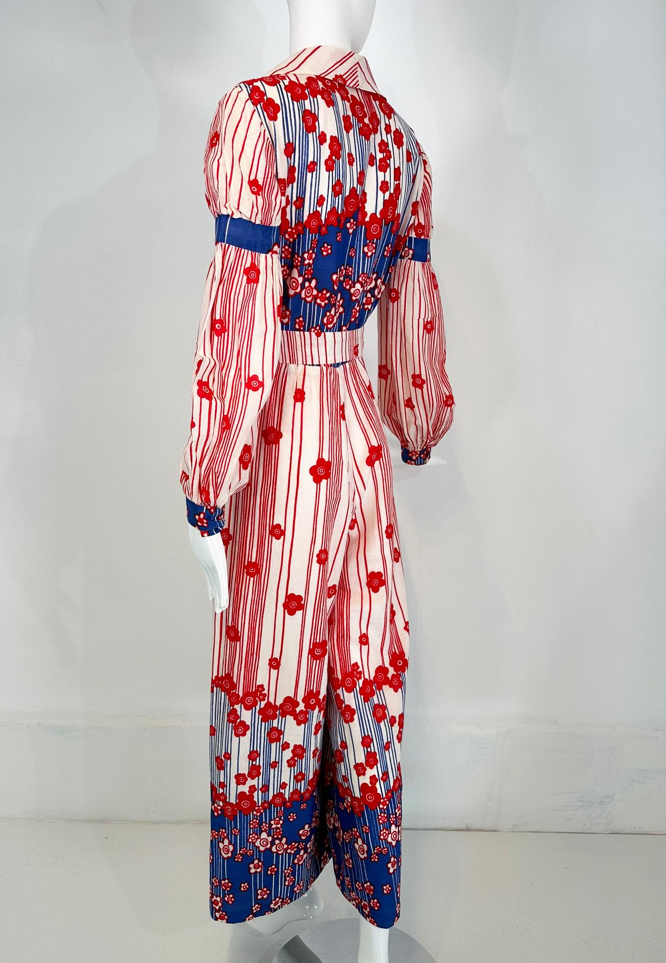 Malcolm Starr by Rizkallah Red White & Blue Floral Cotton Wide Leg Jumpsuit 1960 For Sale 1