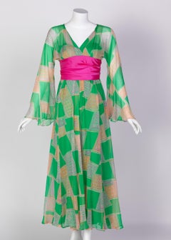 Malcolm Starr Green Geometric Print Chiffon Pink Sash Dress, 1960s