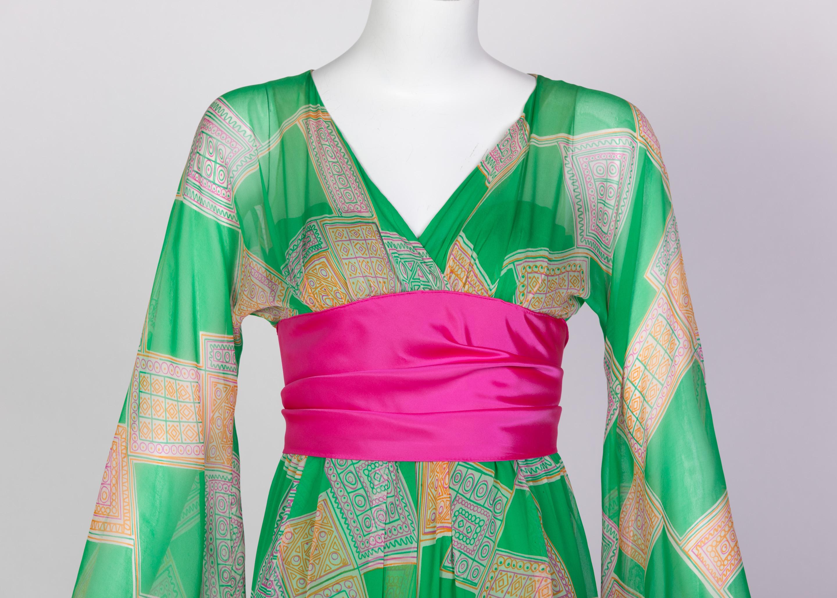Gray Malcolm Starr Green Geometric Print Chiffon Pink Sash Dress, 1960s For Sale