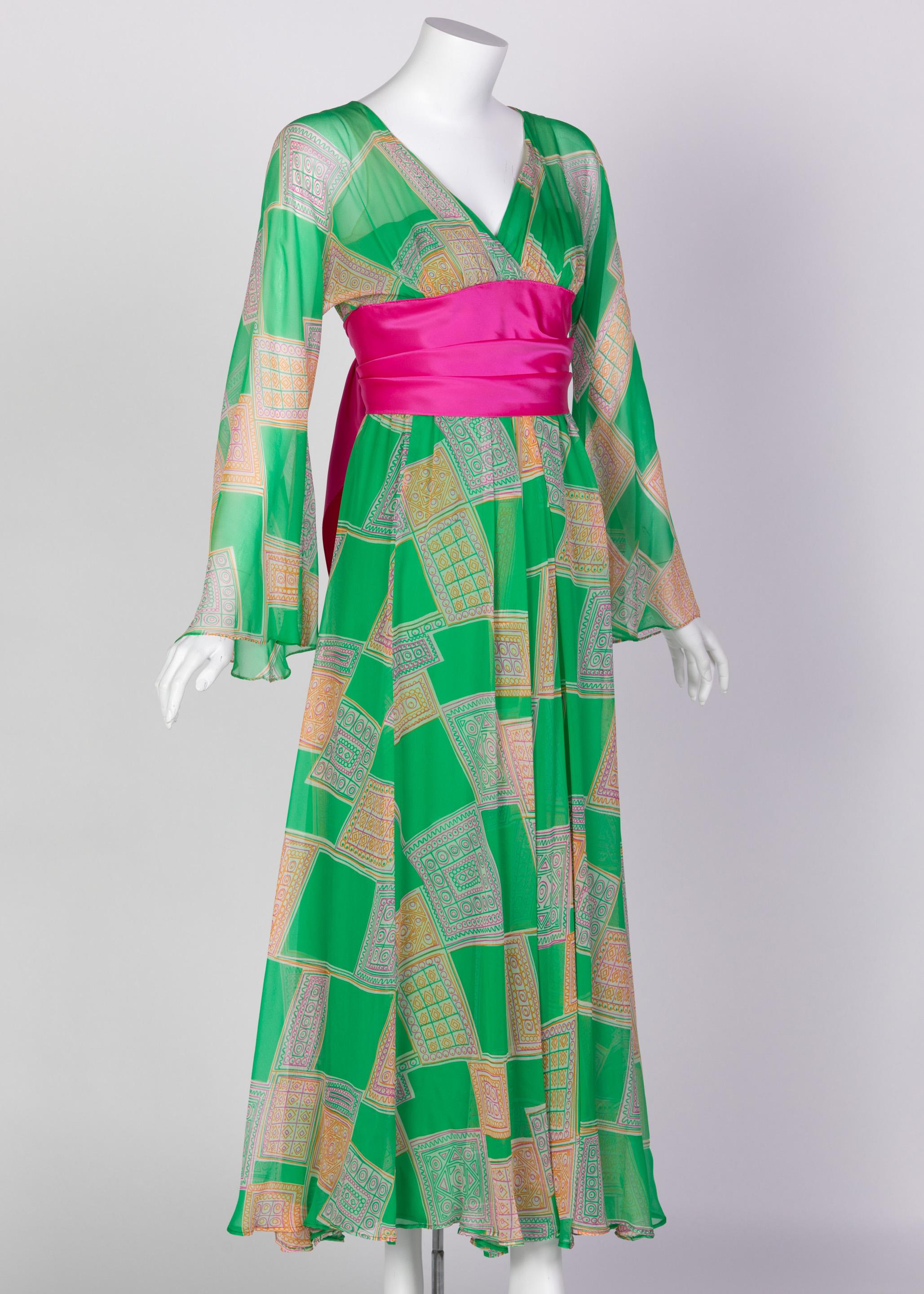 Malcolm Starr Green Geometric Print Chiffon Pink Sash Dress, 1960s In Excellent Condition For Sale In Boca Raton, FL