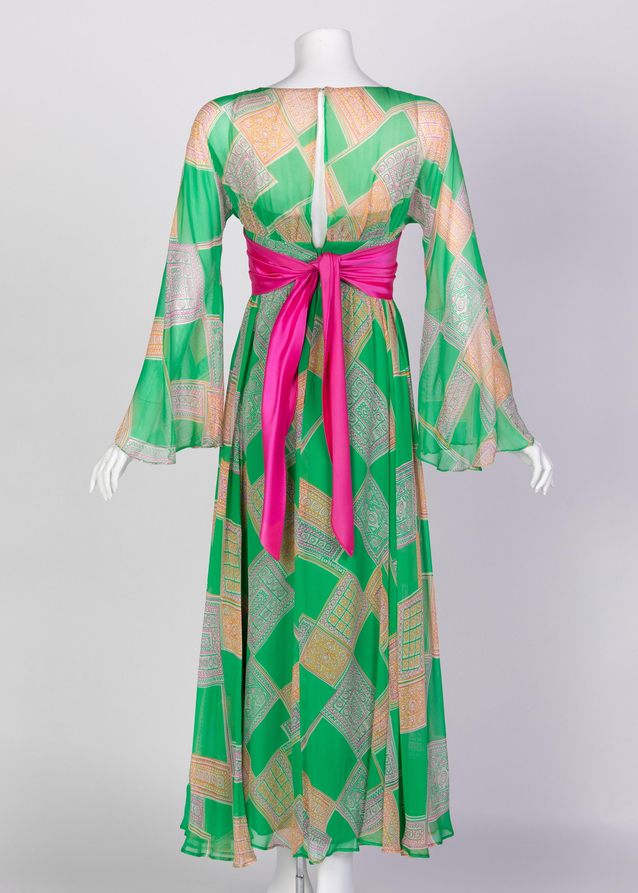 Women's Malcolm Starr Green Geometric Print Chiffon Pink Sash Dress, 1960s For Sale