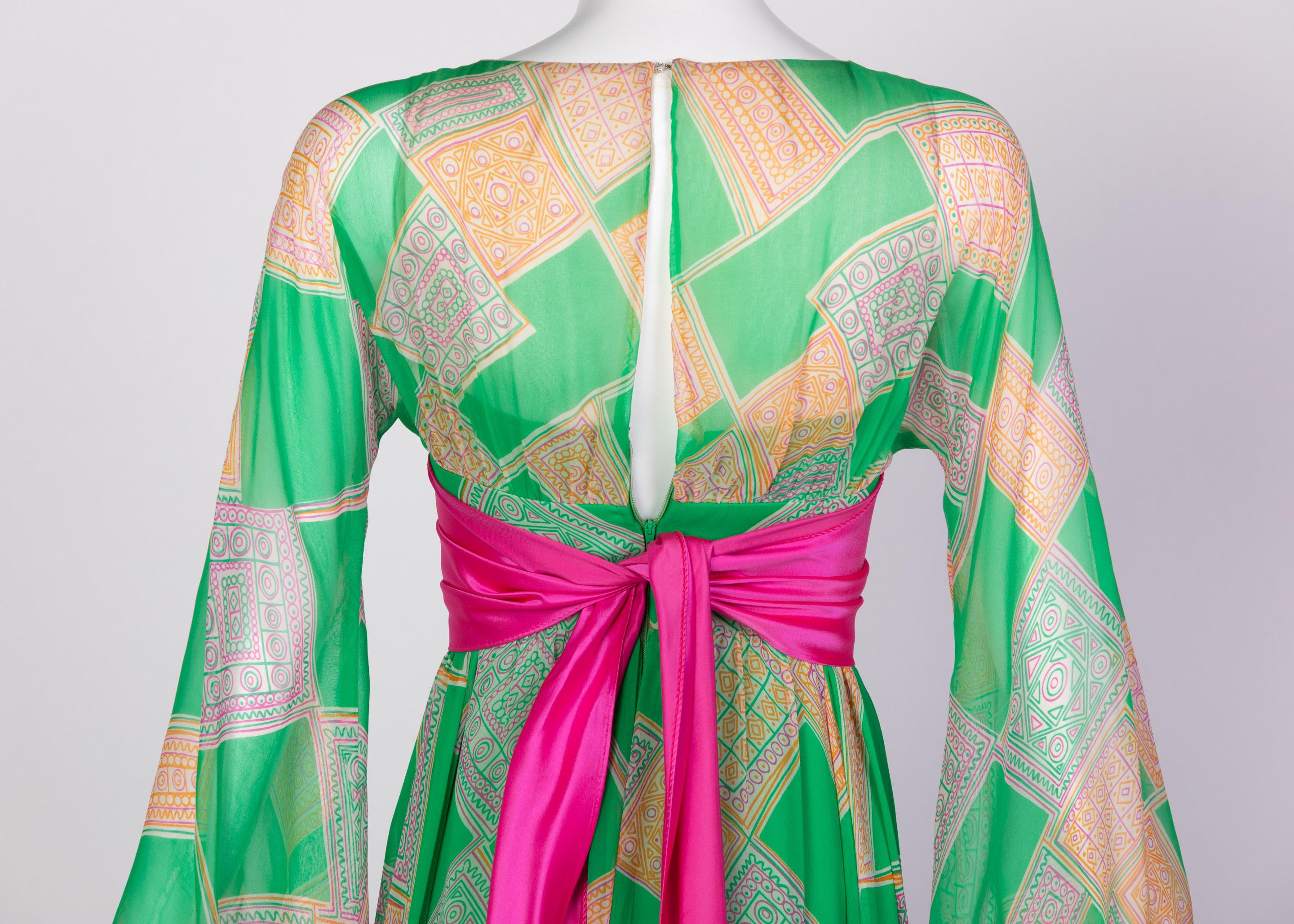 Gray Malcolm Starr Green Geometric Print Chiffon Pink Sash Dress, 1960s For Sale