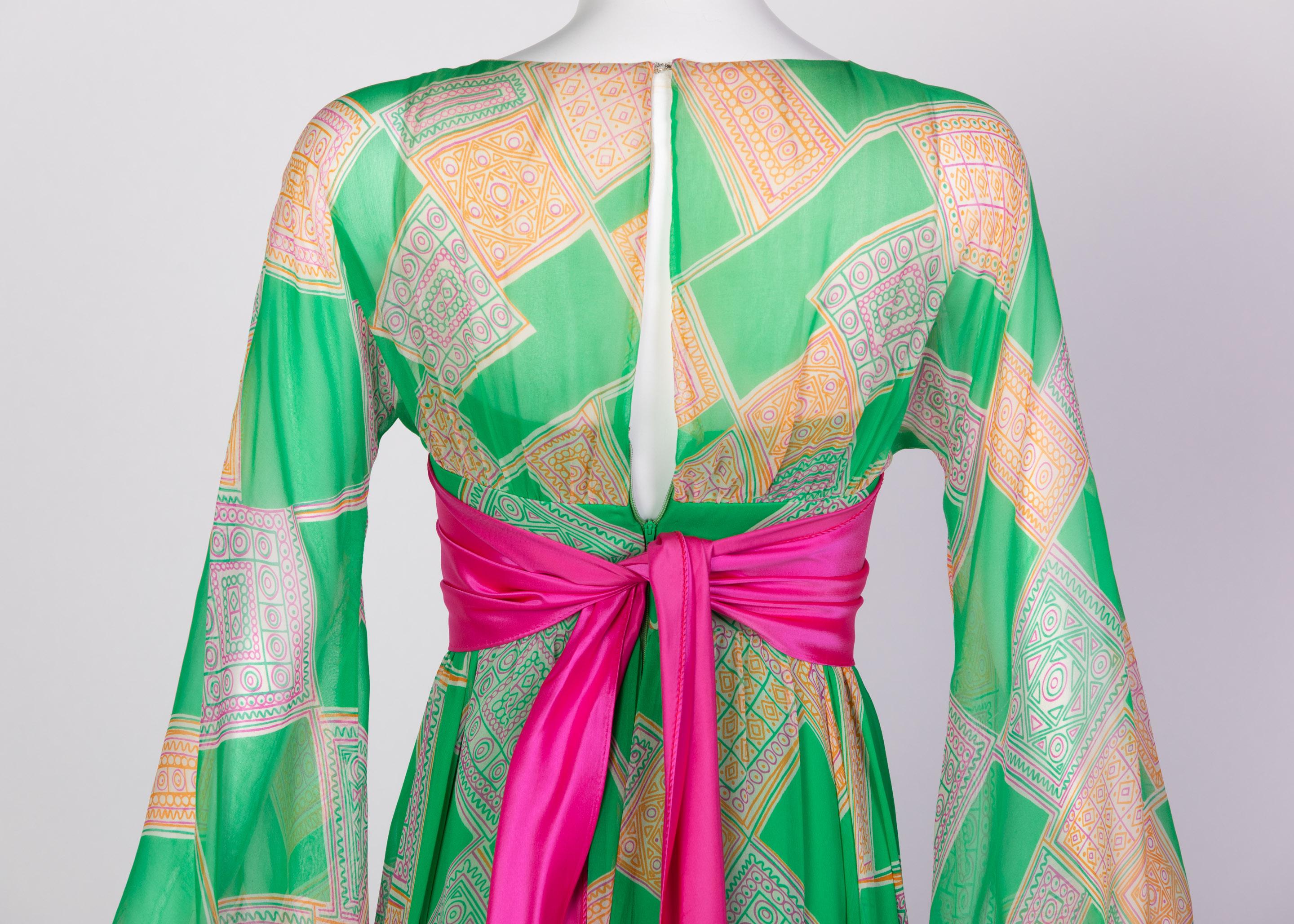 Malcolm Starr Green Geometric Print Chiffon Pink Sash Dress, 1960s For Sale 1