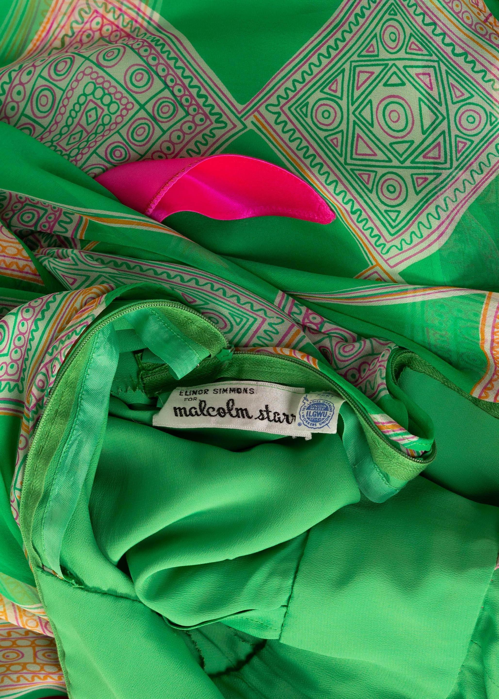 Malcolm Starr Green Geometric Print Chiffon Pink Sash Dress, 1960s In Excellent Condition In Boca Raton, FL