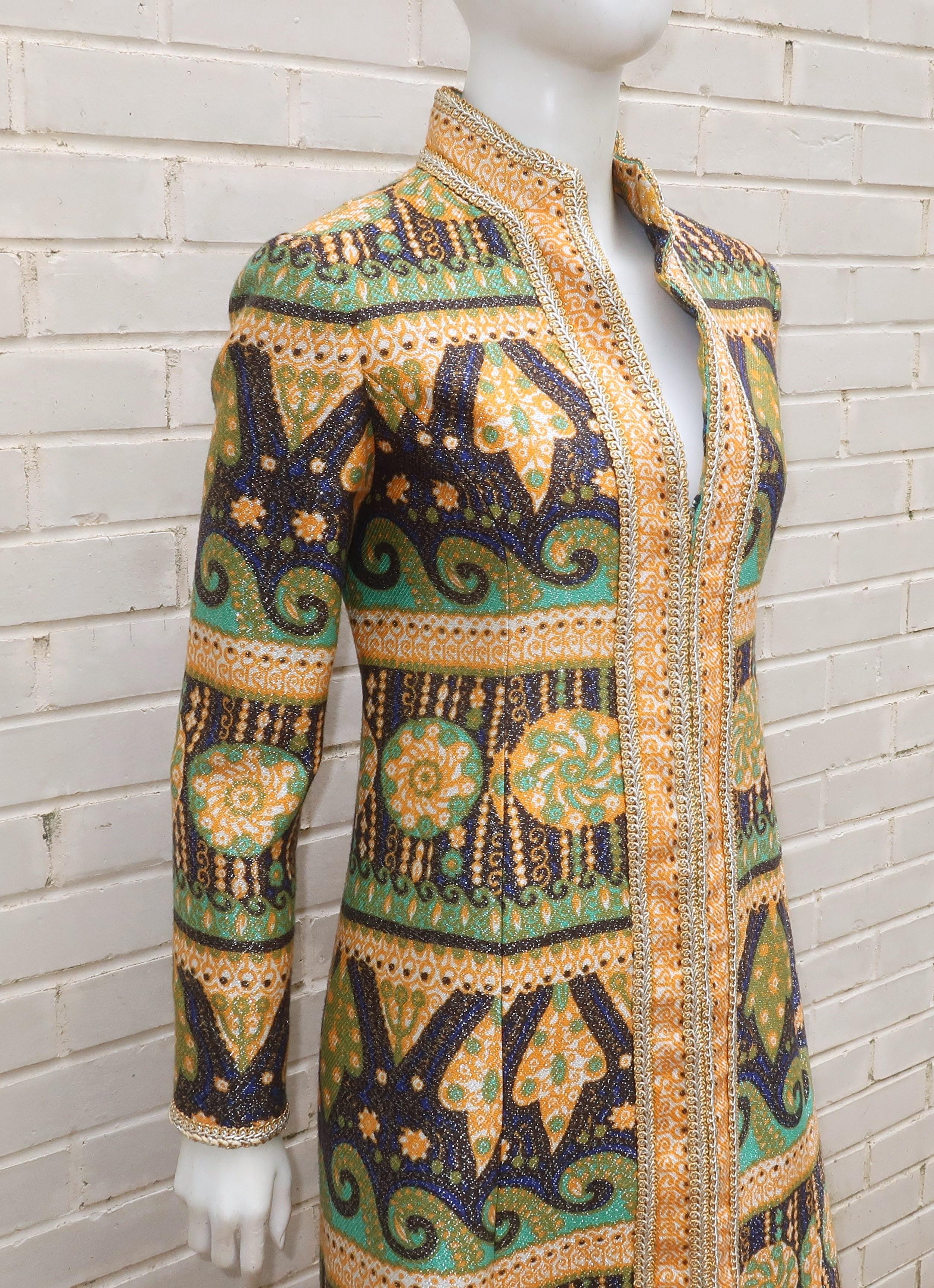 Brown Malcolm Starr Mod Gold Lamé Brocade Coat & Pant Suit, 1960’s For Sale