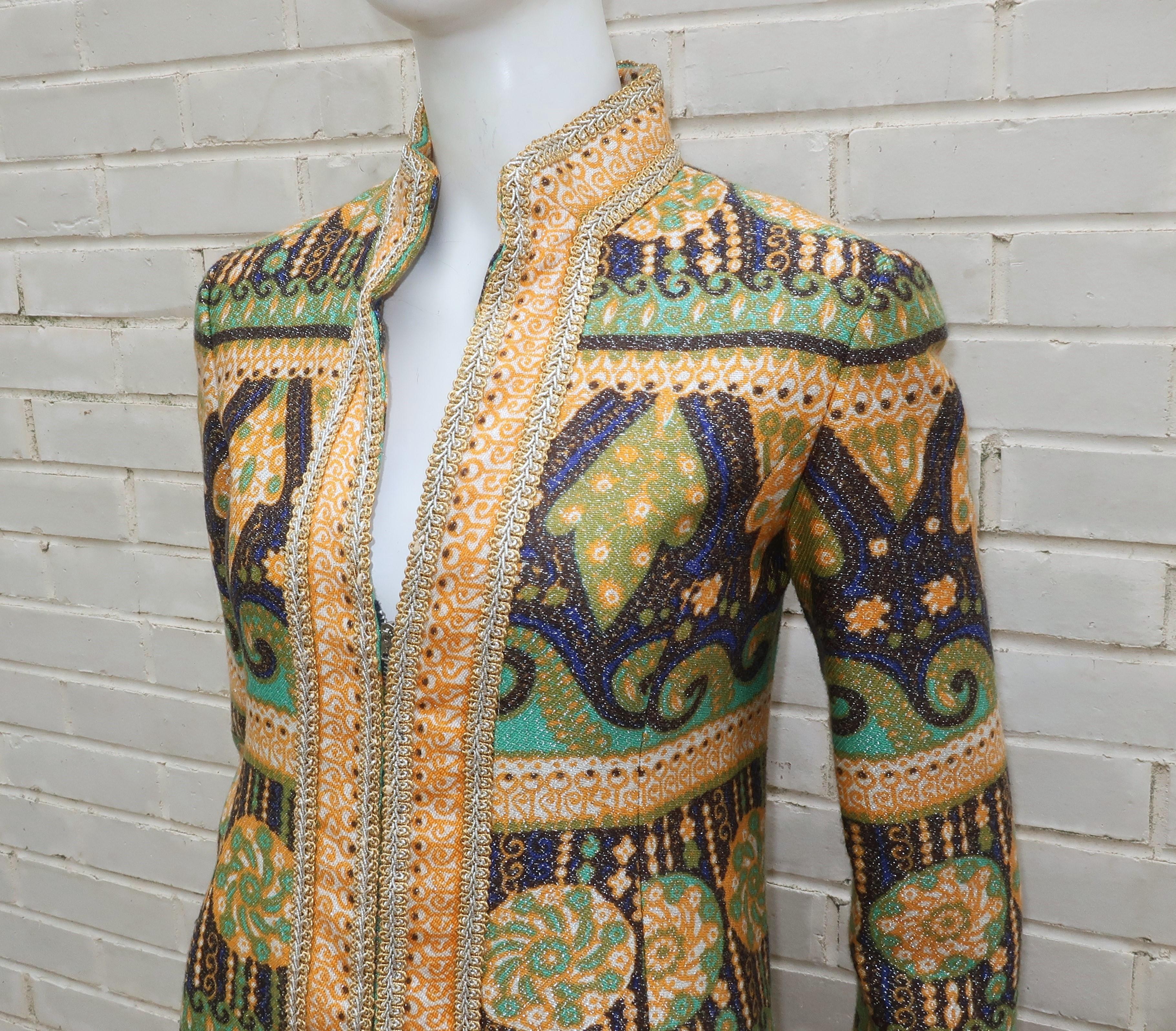 Women's Malcolm Starr Mod Gold Lamé Brocade Coat & Pant Suit, 1960’s For Sale