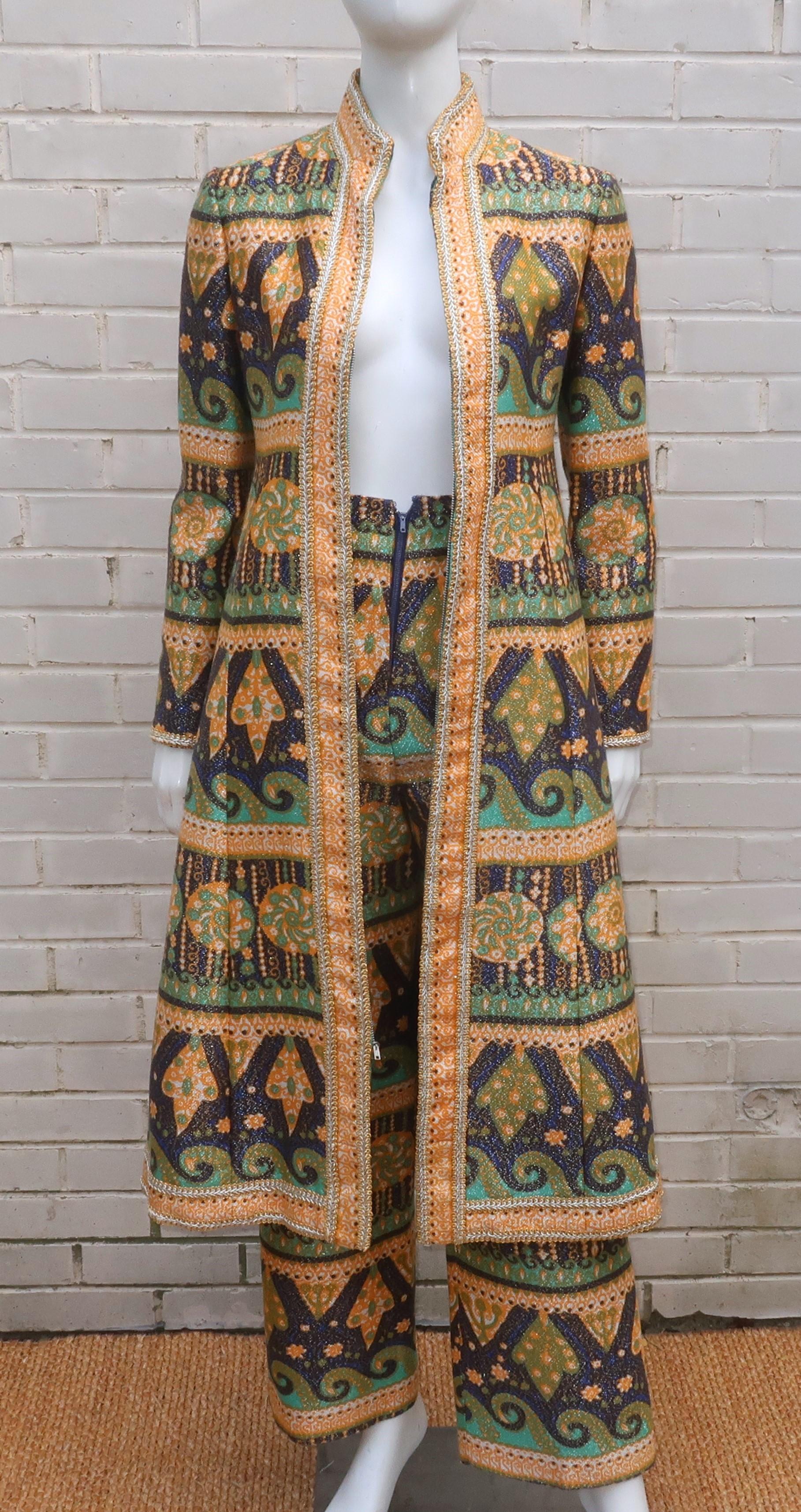 Malcolm Starr Mod Gold Lamé Brocade Coat & Pant Suit, 1960’s For Sale 4