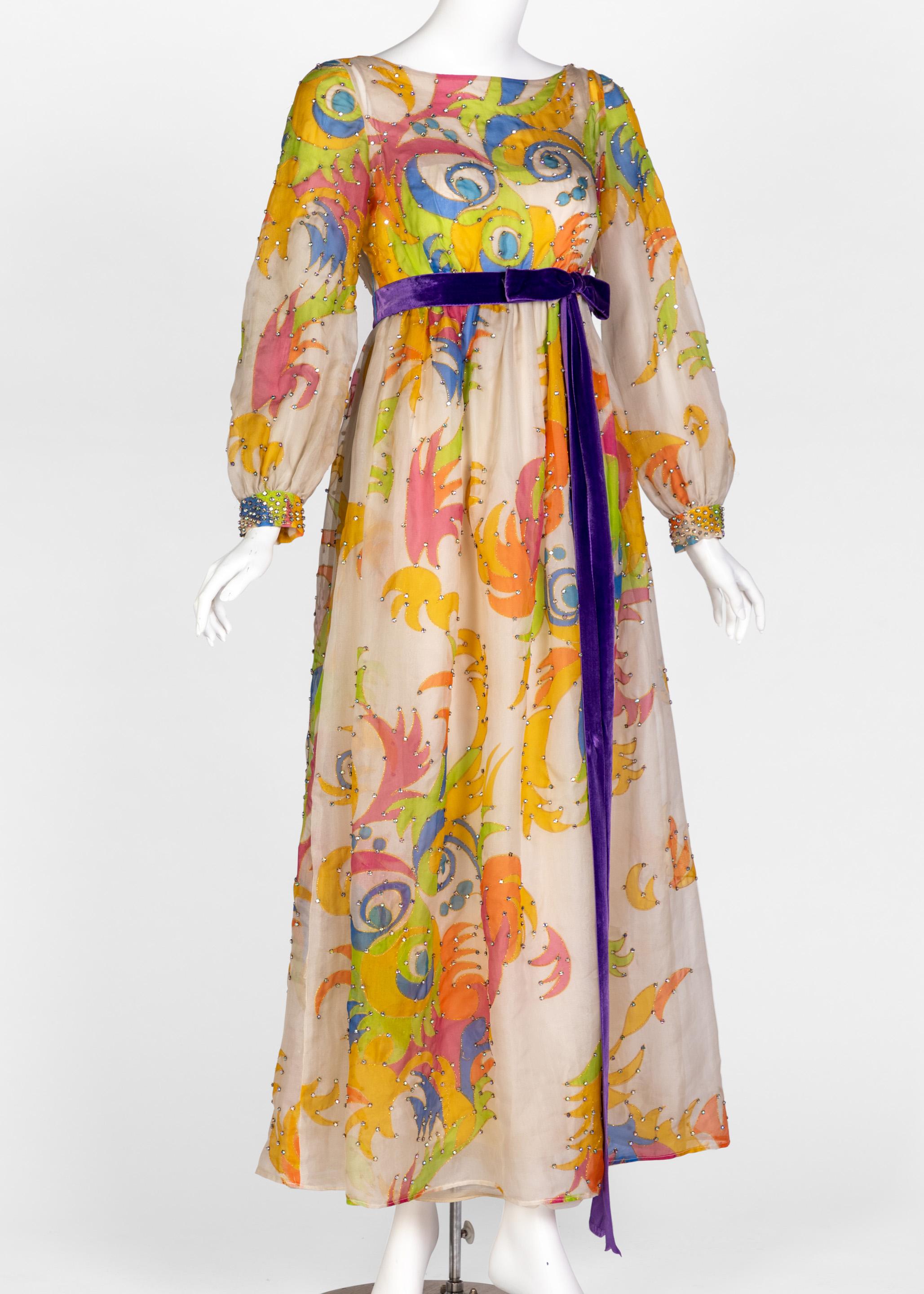 Beige Malcolm Starr Rhinestone Organza Print Dress, 1970s For Sale