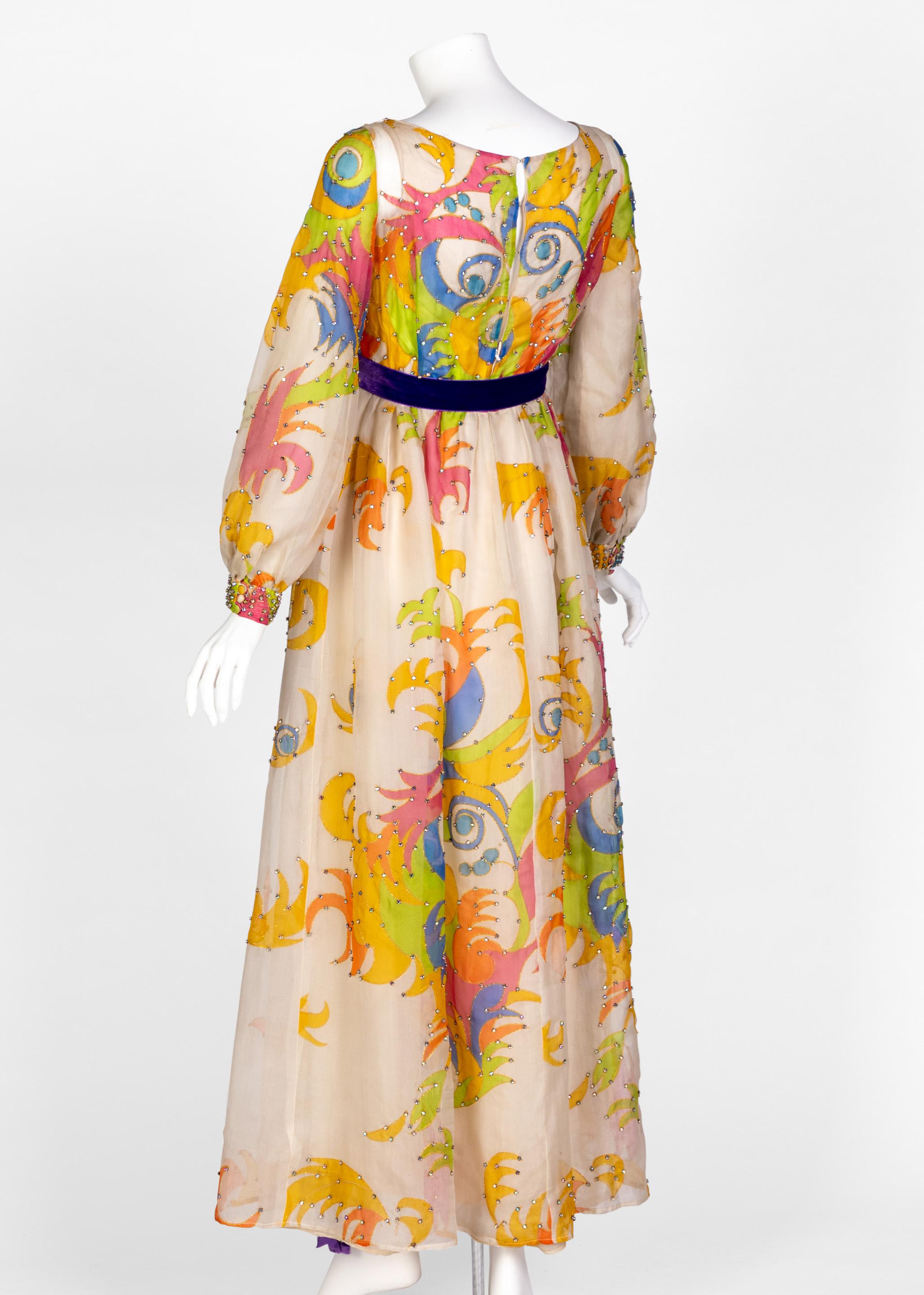 Beige Malcolm Starr Rhinestone Organza Print Dress, 1970s For Sale